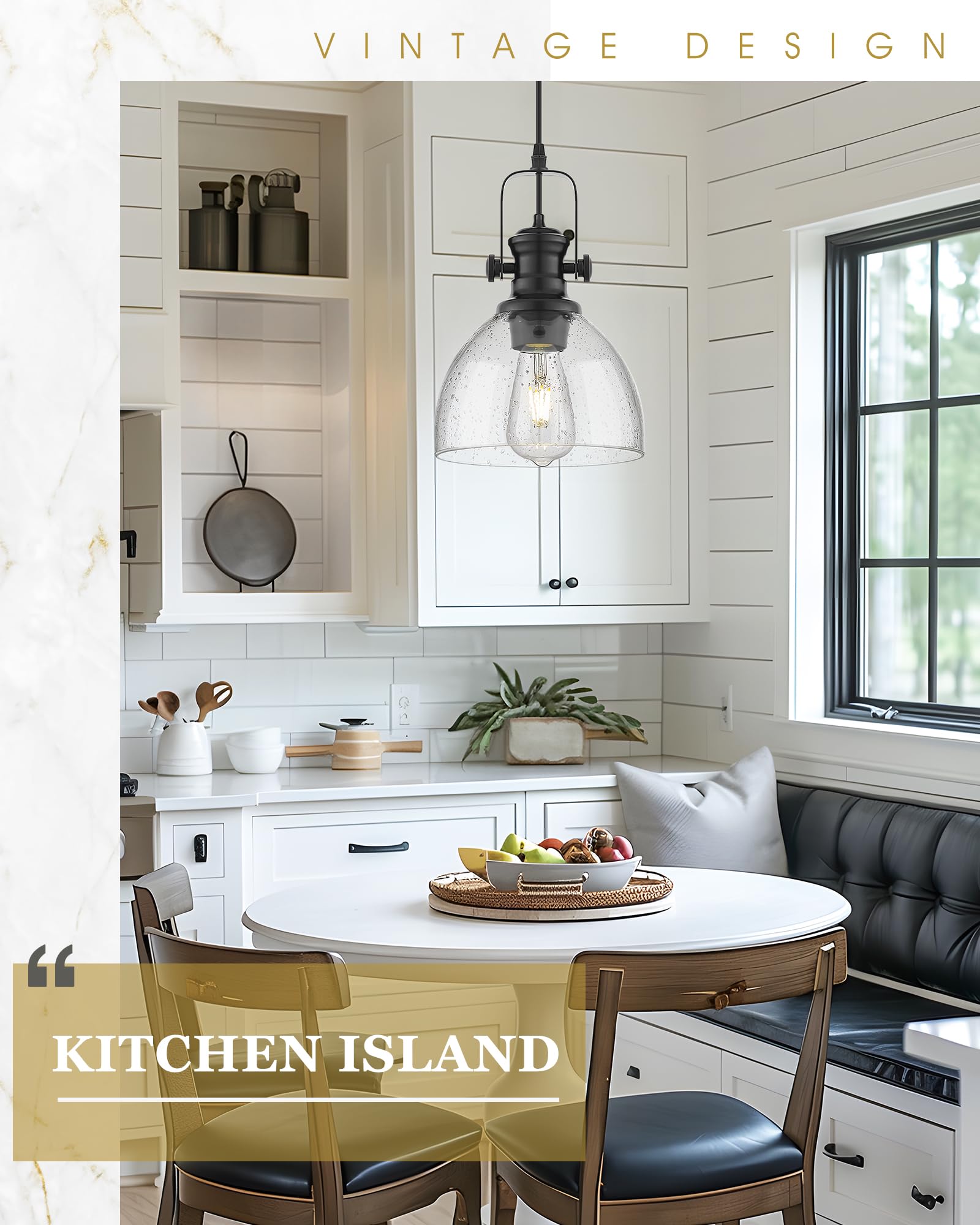 Audickic Black Pendant Light - 7.5" Farmhouse Seeded Glass Shade - Vintage Metal Hanging Fixture, Model AD-22151-1P-BK