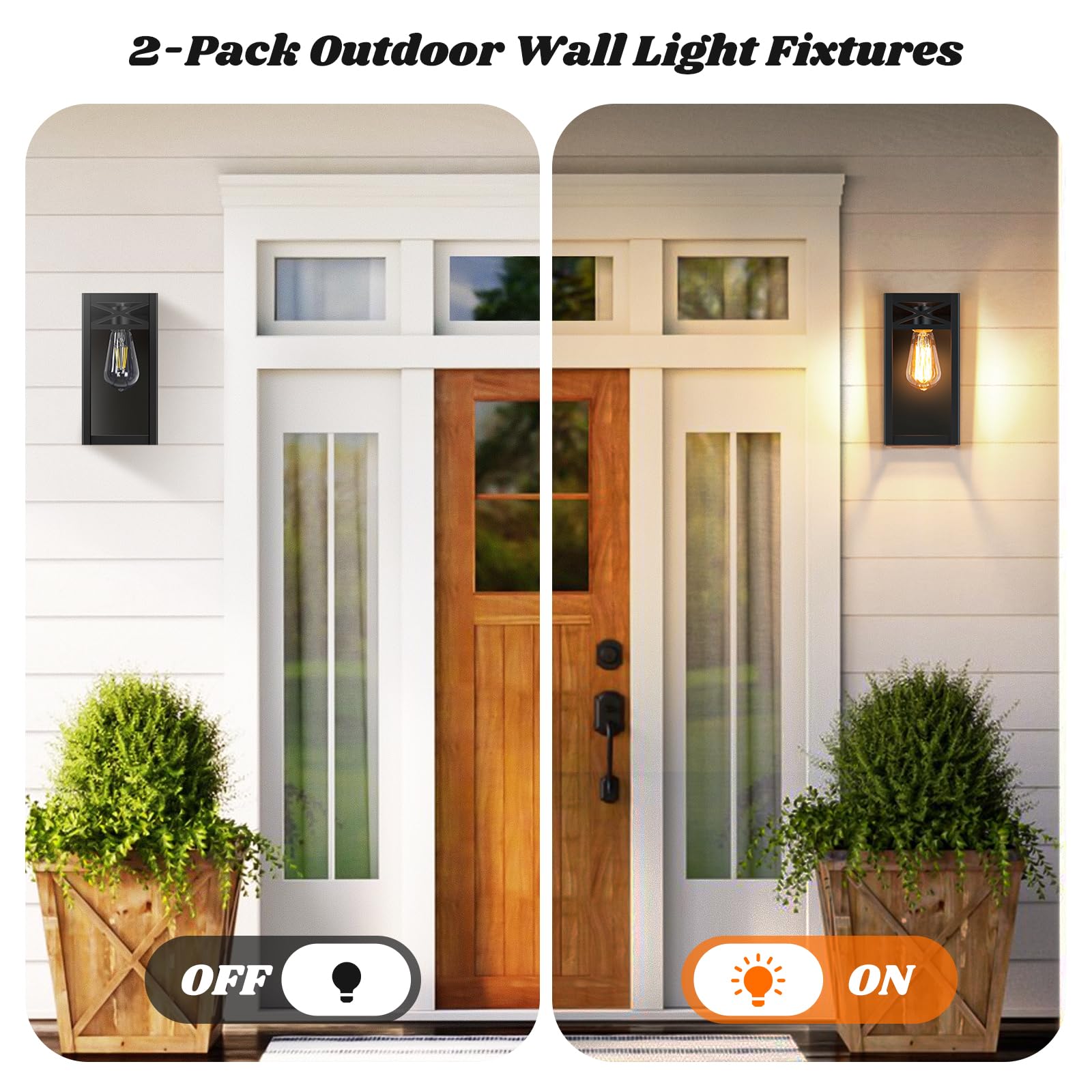 VerRon Outdoor Wall Light Fixtures, Black Waterproof Lanterns, Metal Sconces, E26 Socket, 2-Pack