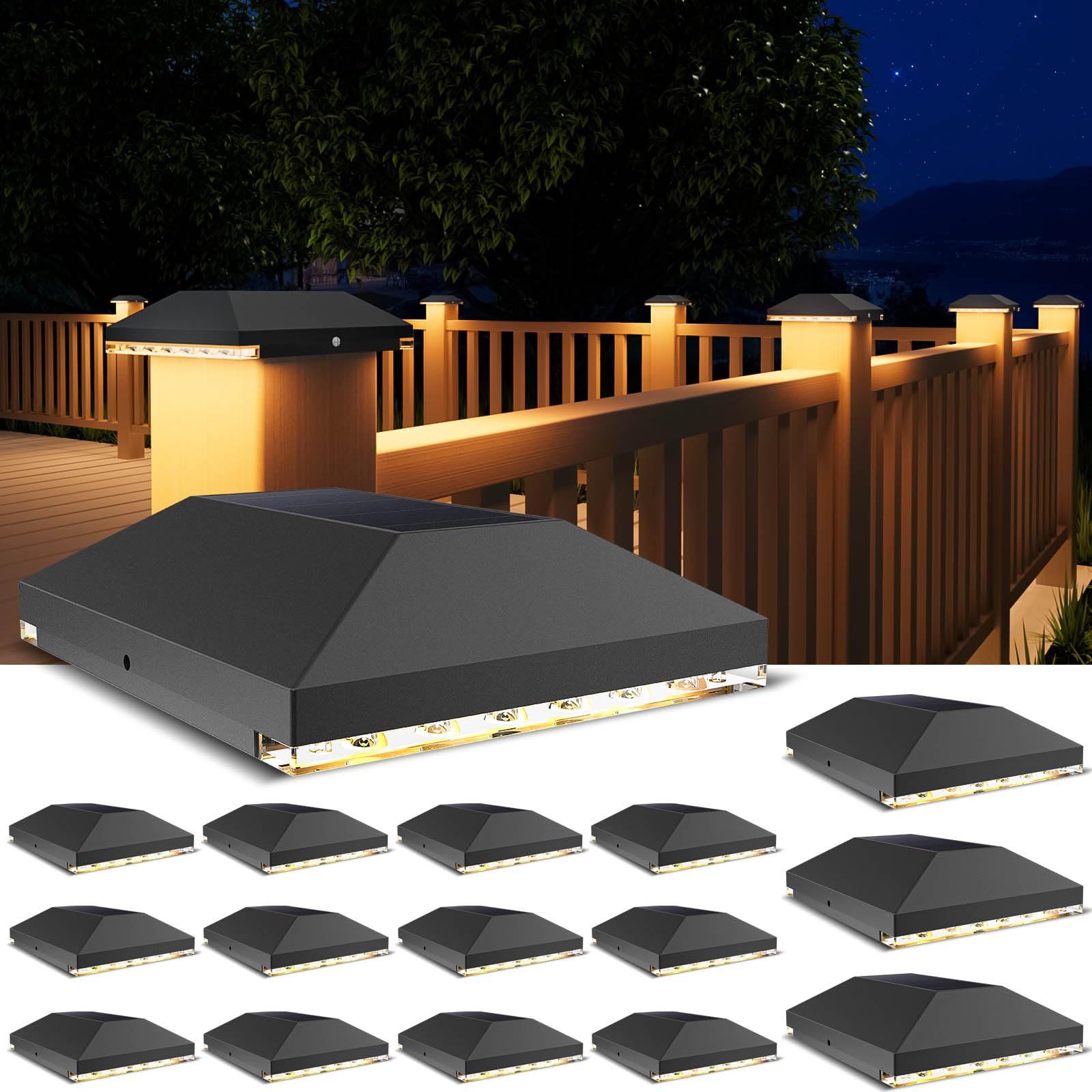 VOLISUN Solar Post Cap Light, 4x4 Waterproof, 16 Pack, Black, Model 21440ZM, for Garden/Patio/Porch