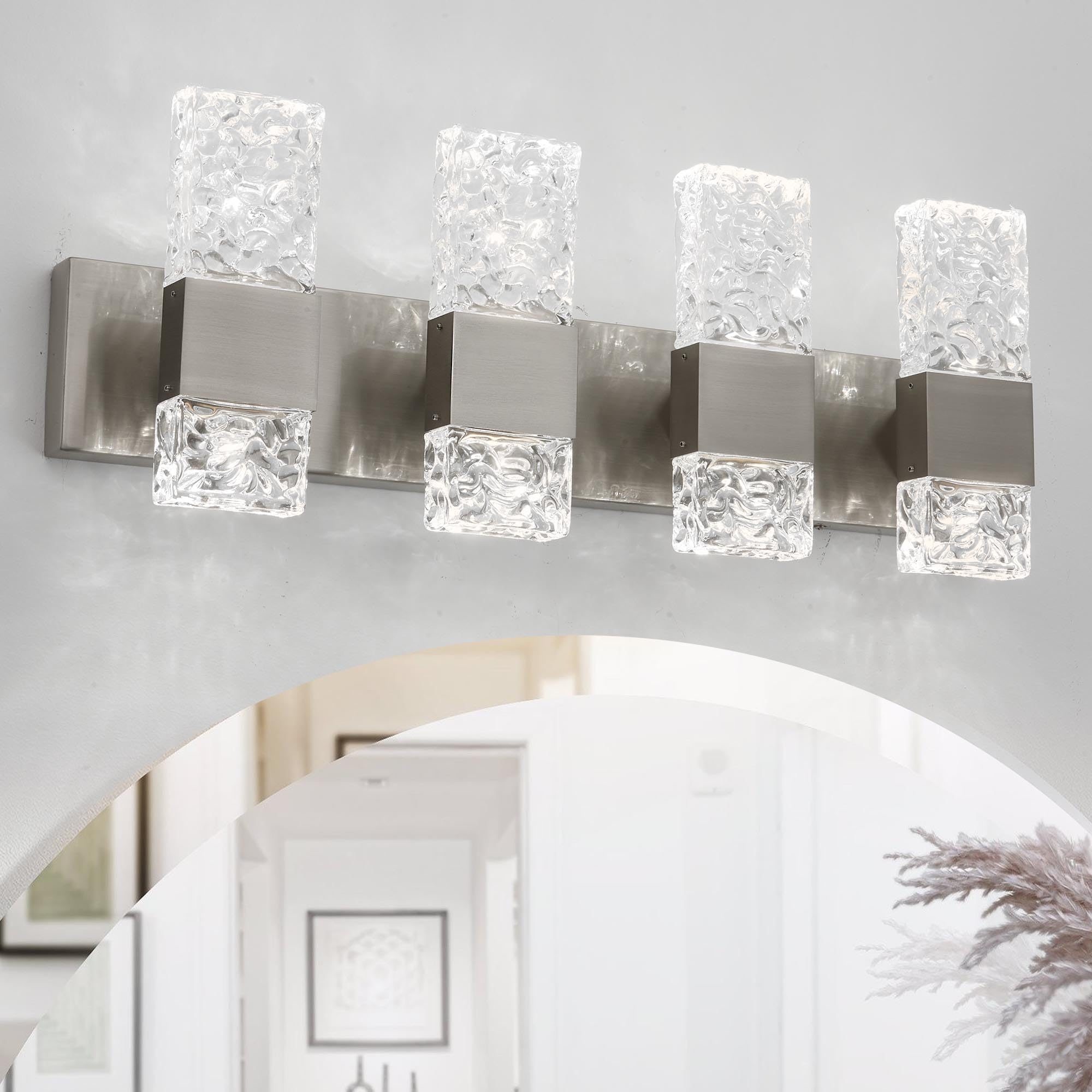 Oylyw Brushed Nickel Dimmable Led Bathroom Vanity Light Fixtures - 4 Light 6000K Over Mirror