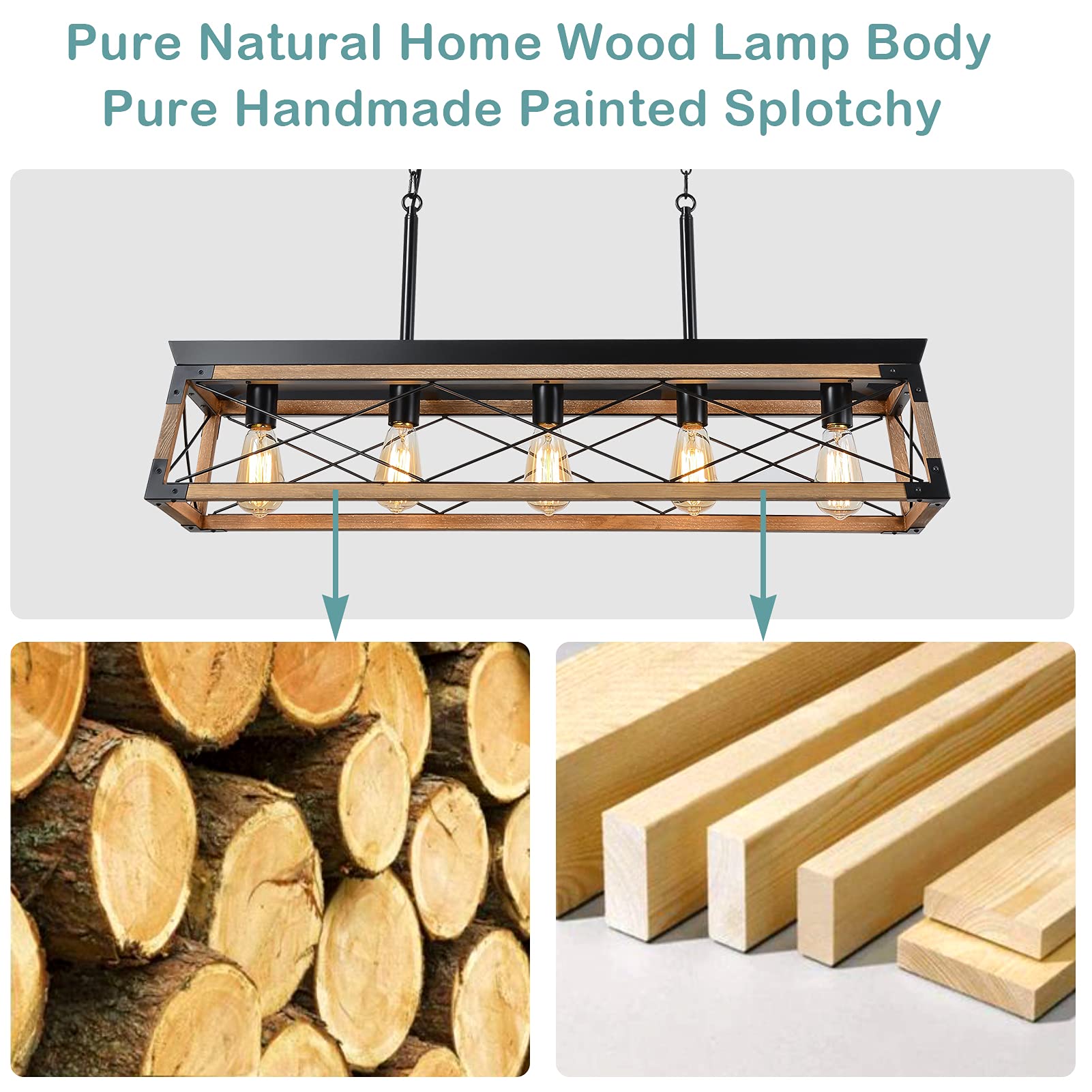 Airposta Farmhouse Rustic Wood Chandelier, 5 Lights Metal Rectangle Dining Room Swag Lighting, Kitchen Island Industrial Linear