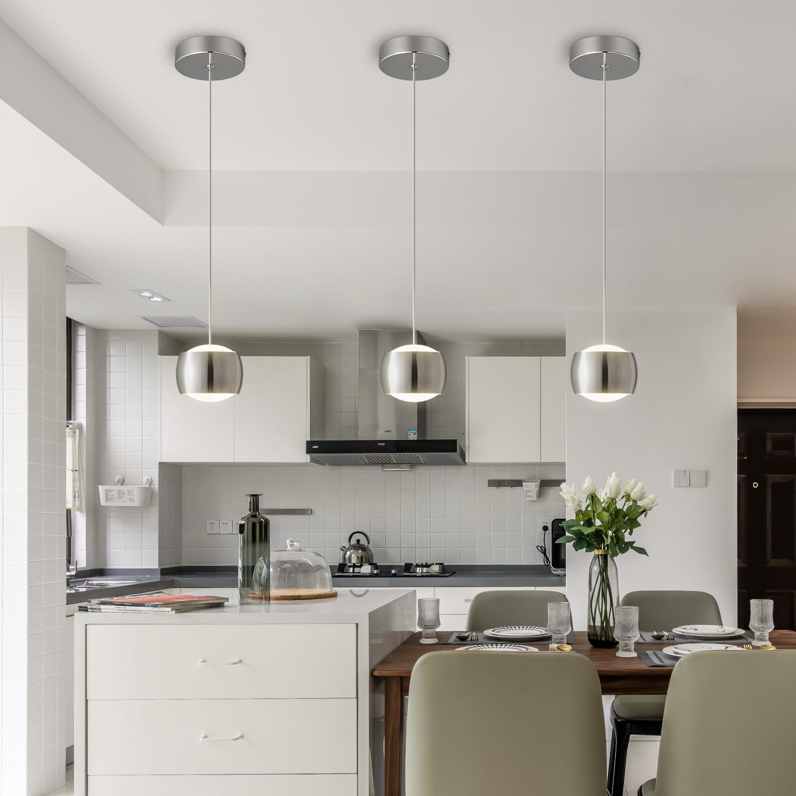 Adcthome Modern Led Dimmable Pendant Light Fixtures Mini Island Pendant Lighting For Kitchen Island Dinning Room Bedroom Bar  Kitchen Island Ceiling Hanging Light Fixtures(Chrome-3-Pack)