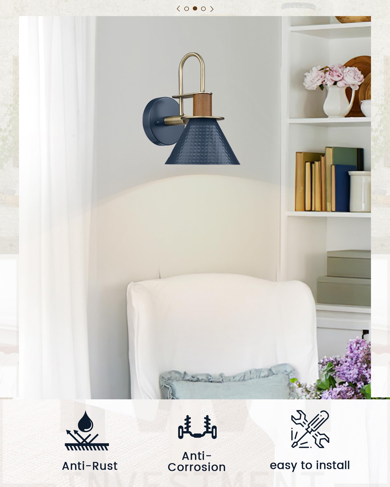 Hwh Rustic Wall Sconces Set Of 2, Hammered Metal, Navy Blue Gooseneck Light For Bathroom/Bedroom