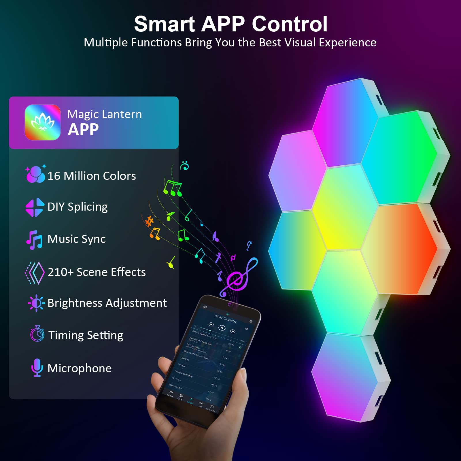 OJQ Hexagon Wall Light LED Panel - Smart RGB Modular Gaming Light, Music Sync, Multicolor, Honeycomb Shape