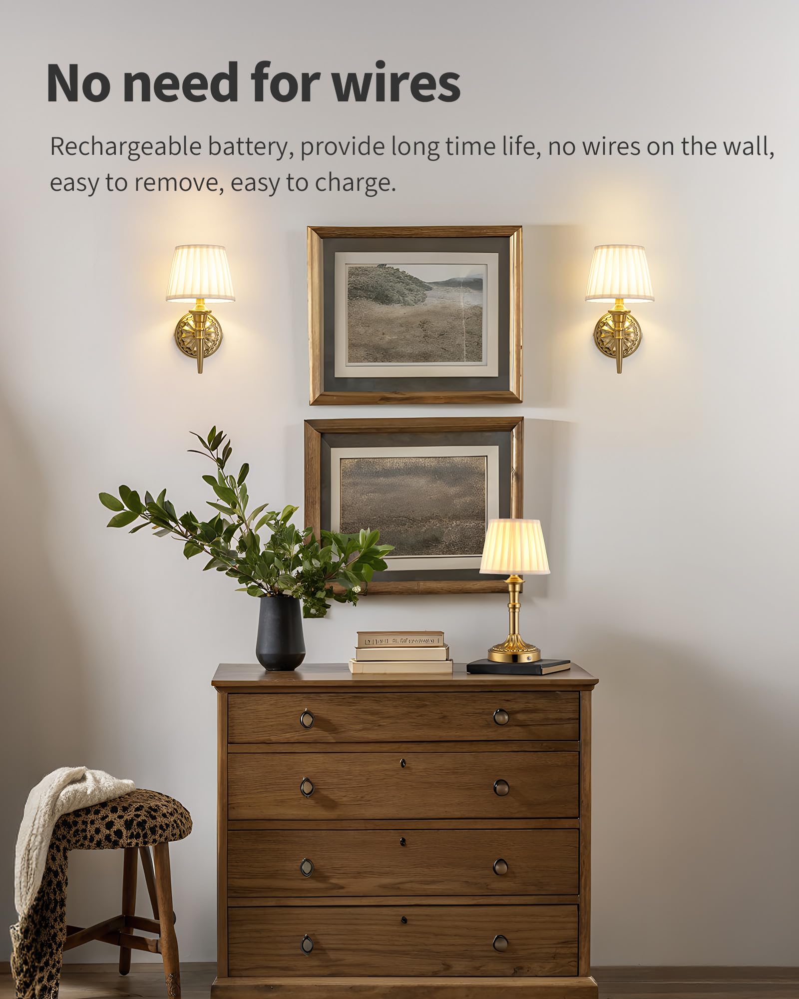 KDG Cordless Wall Sconces Set of 2, Rechargeable LED Lamps, Fabric, Gold + Beige, Model AMZ-TBL-035