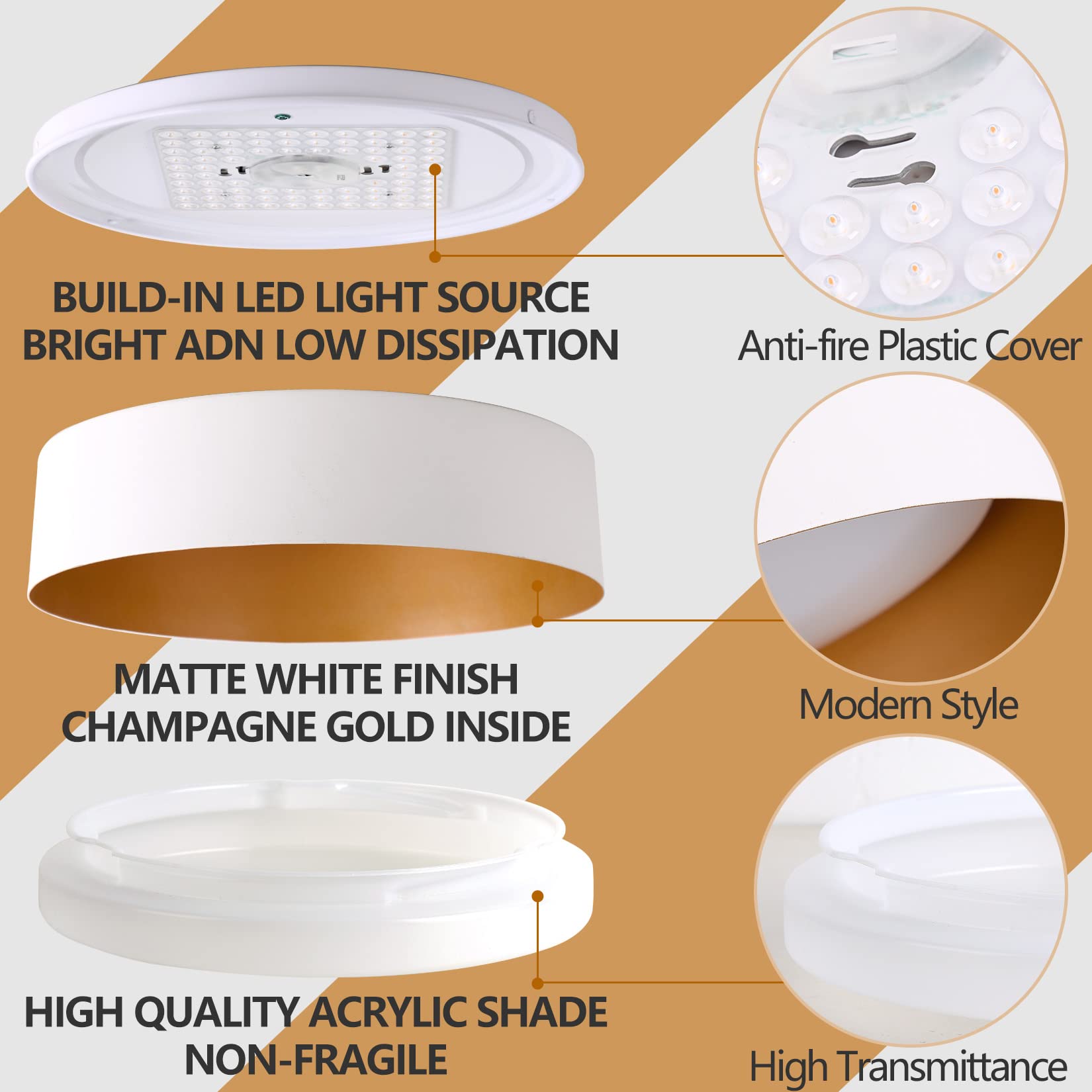 Bargeni 16.5 Inch Dimmable Led Flush Mount Ceiling Light, Matte White With Gold Inside, 3000K/Warm White/30W, Modern Light Fixtu