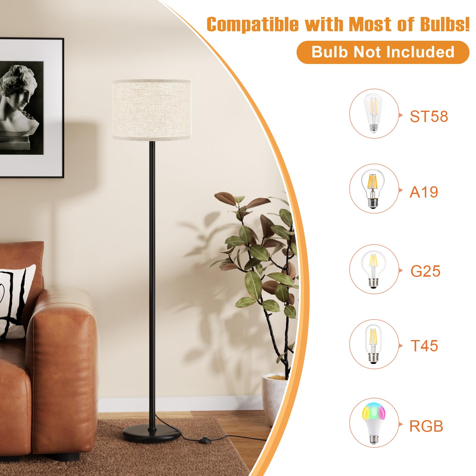 Ambimall 60'' Modern Floor Lamp Set Of 2, 2Pk Tall Lamps For Living Room Bedroom, Beige Shade With Black Pole(Without Bulb)