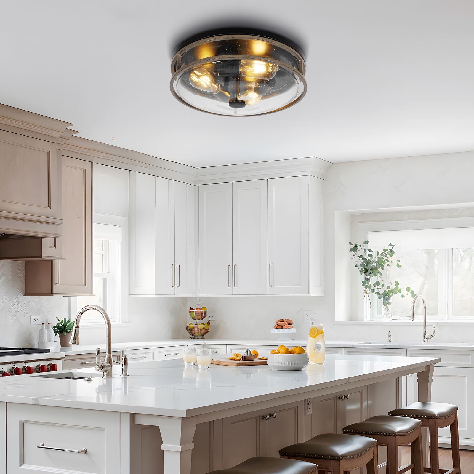 Rosient 16 Inch Large Flush Mount Ceiling Light Fixture With Seeded Glass, Wood Grain Round Ceiling Lamp Shade, Modern Farmhouse