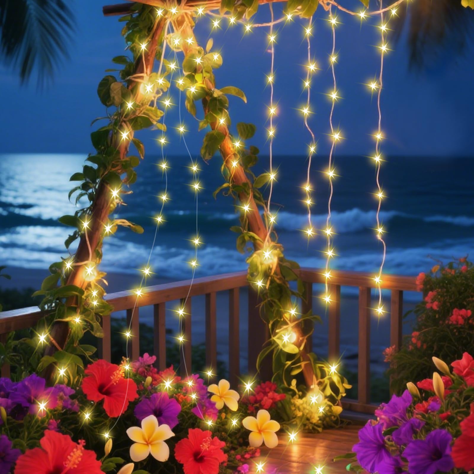 ANGMLN Solar Fairy String Lights, 200 LEDs, 8 Modes, Waterproof, Warm White, Model MBDC-NB-1