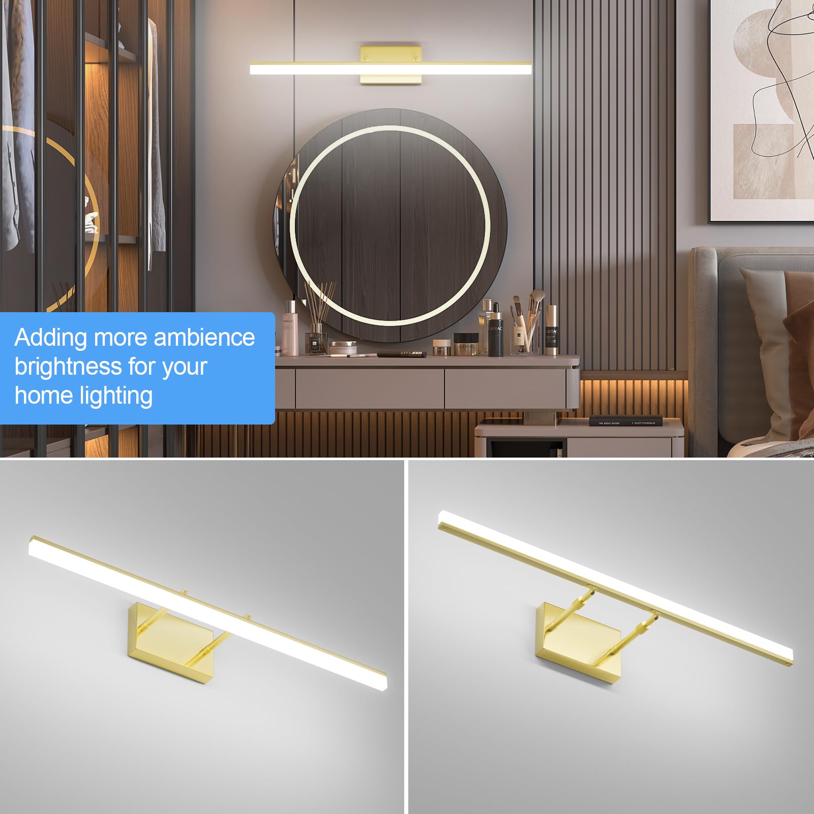 Aipsun 31.5in Brushed Brass LED Bathroom Vanity Light Fixture, Model 6481, Gold, Aluminum