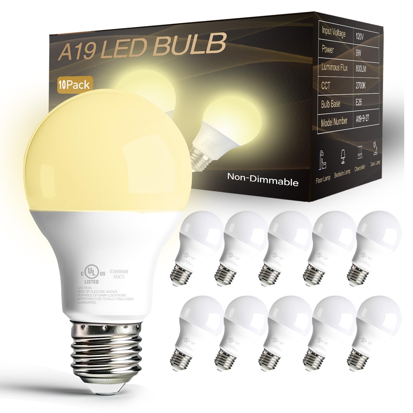 dalattin A19 LED Light Bulbs 9W, 800 LM, Non-Dimmable, Soft White 2700K, 10 Counts, UL Listed