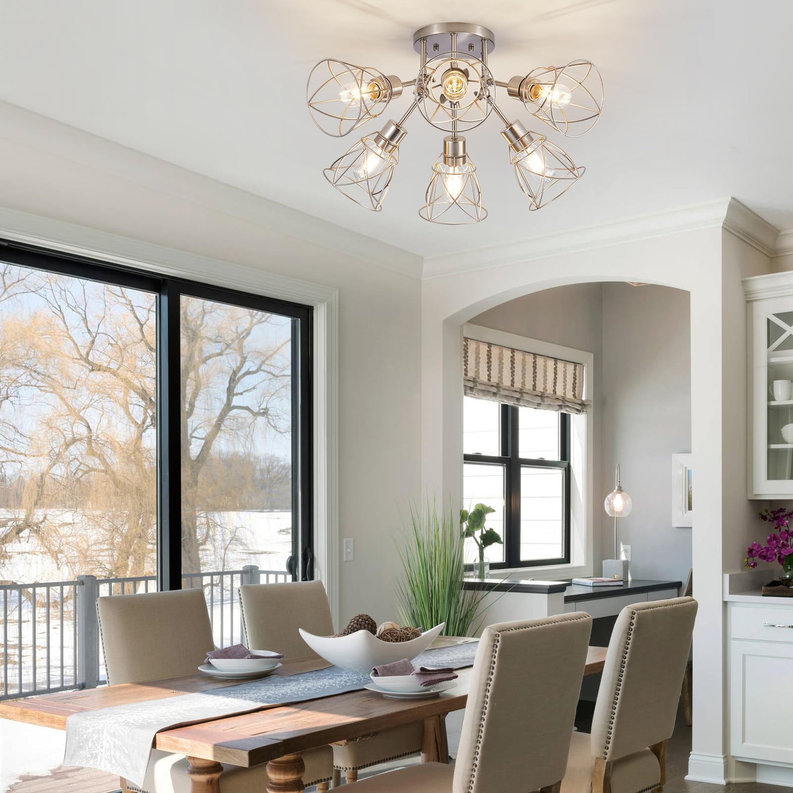 Hdasic 6-Light Farmhouse Flush Mount Ceiling Light Fixture, Industrial Large 6-Bulb Brushed Nikcel Kitchen Lighting Fixtures Cei