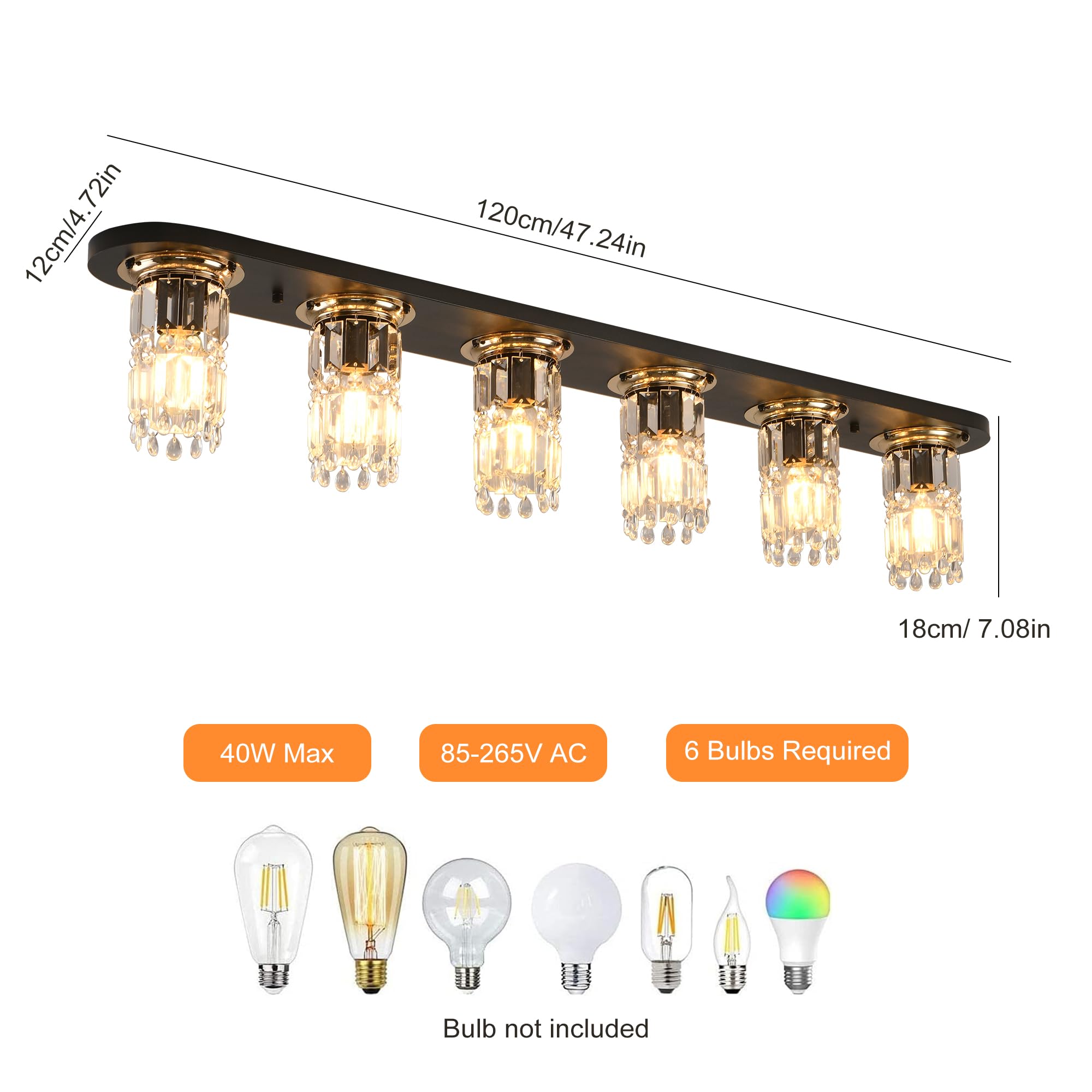 Garwarm 47.24 Inch Modern Crystal Flush Mount Ceiling Light Crystal Chandelier Black Dining Room Light Fixture Long Ceiling Lamp