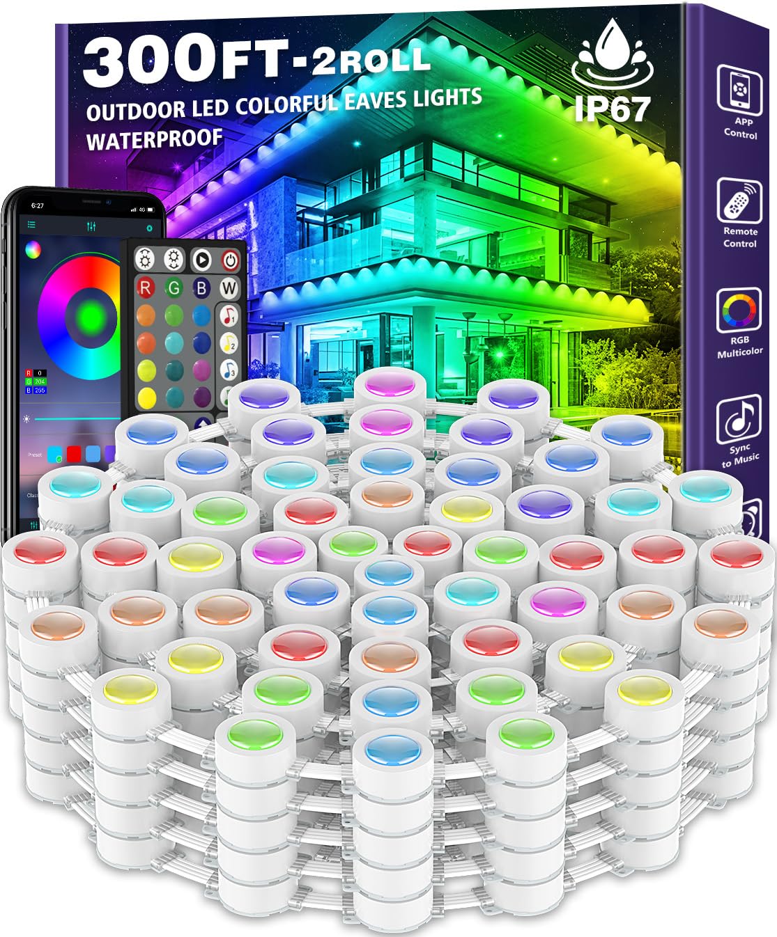 300FT Permanent Outdoor RGB Lights,IP67 Waterproof Smart LED Eaves Lights with App/Remote Control,for Christmas and All Holiday 