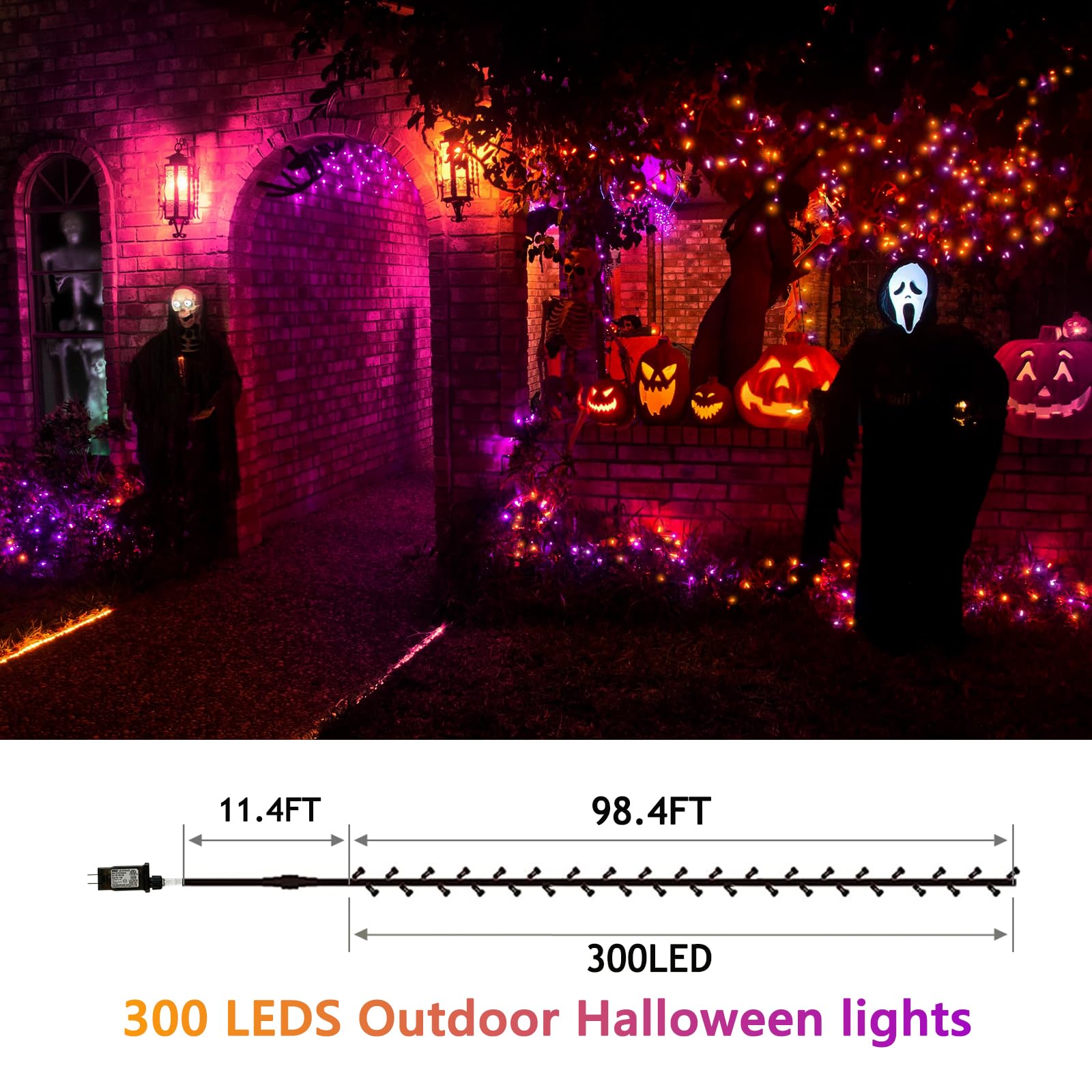 Flvoecn 98Ft Outdoor Halloween Lights 300 Led Halloween Lights With 8 Modes Timer Waterproof String Led Lights Plug In Halloween