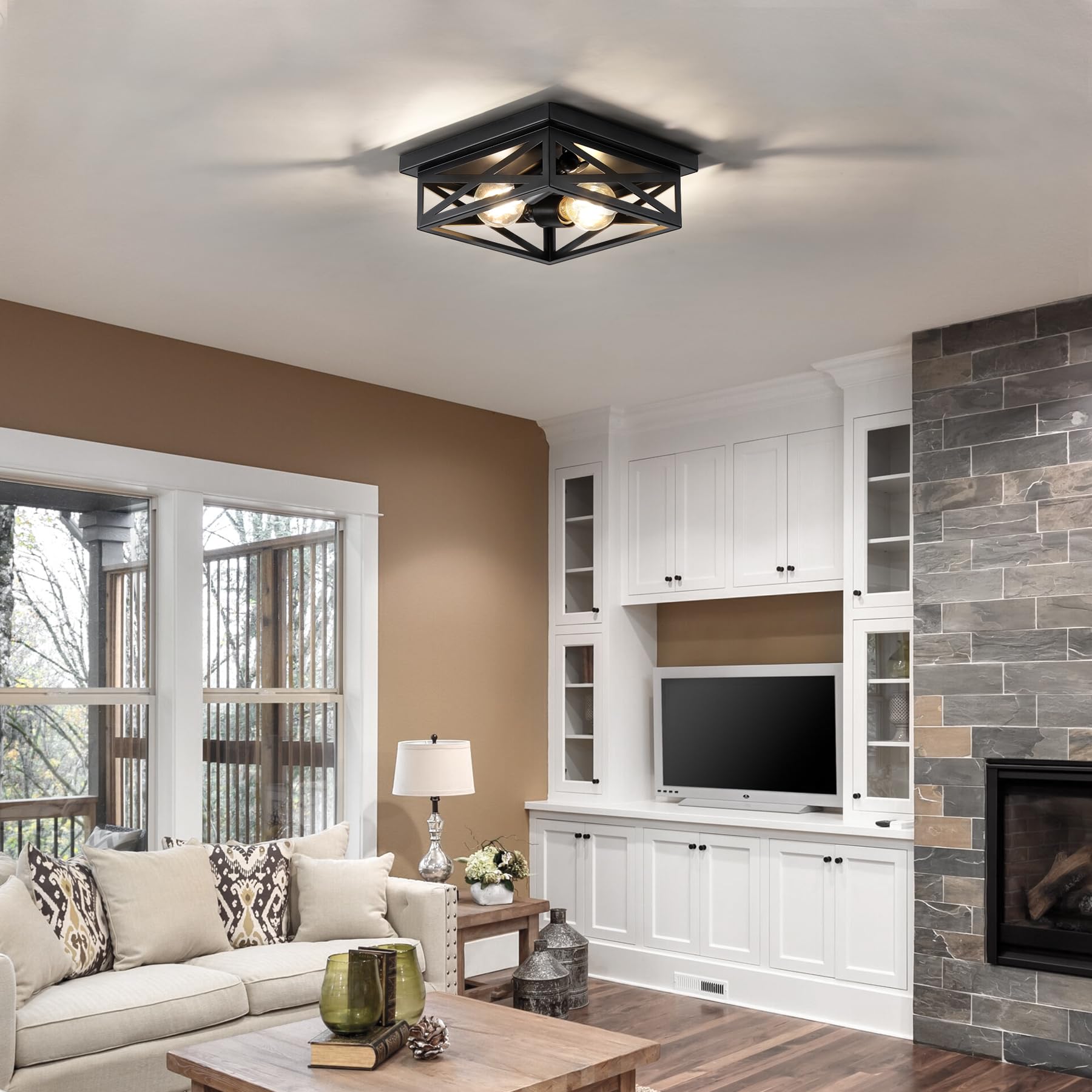 Dikaida Black Rustic Metal Flush Mount Ceiling Light Fixture, 2-Light Industrial Farmhouse Hallway Light Fixtures, Metal Cage Cl