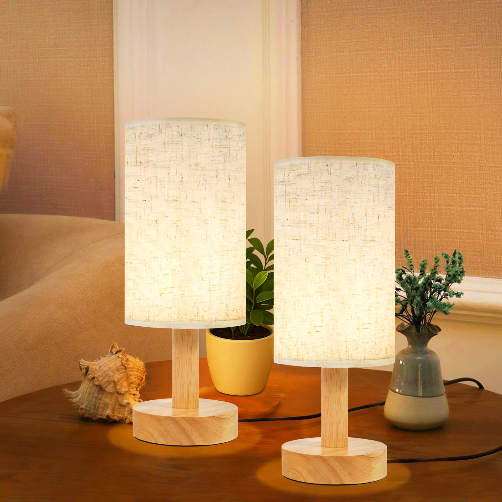 Small Bedside Table Lamps for Bedroom Set of 2,Natural Round Wood Base&Fabric Linen Shade,Cozy Night Light for Study Reading,Min