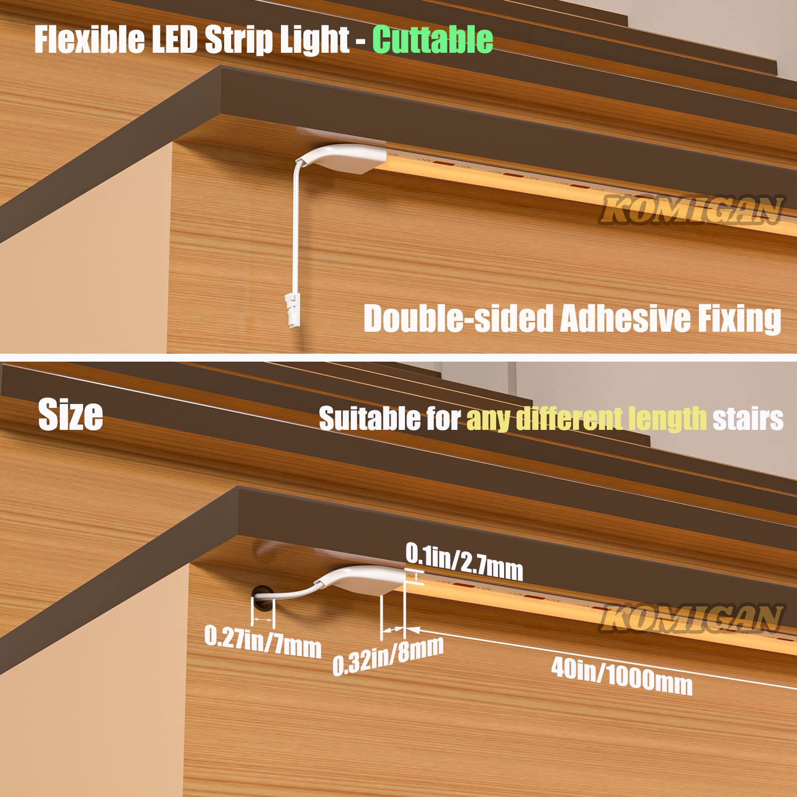 Komigan 4 Pack 40 Inches Cuttable Cob Led Strip Lights With 19.7Ft Long Extension Cable Used For Indoor Led Stair Lights Led Ste