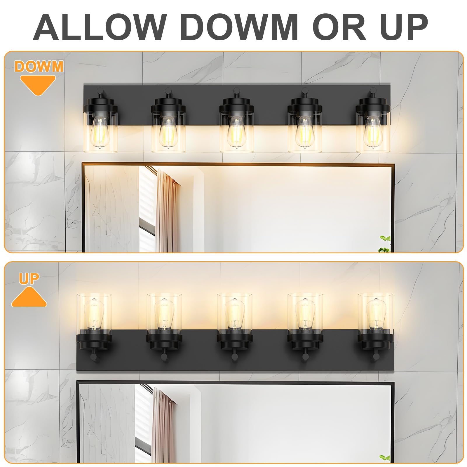 Izorro Bathroom Vanity Light Fixture  5-Light 36 Inch Matte Black Bathroom Light Fixtures Over Mirror  With Clear Glass Shade  Modern Farmhouse Vanity Lights  Rustic Restroom Lighting Fixtures