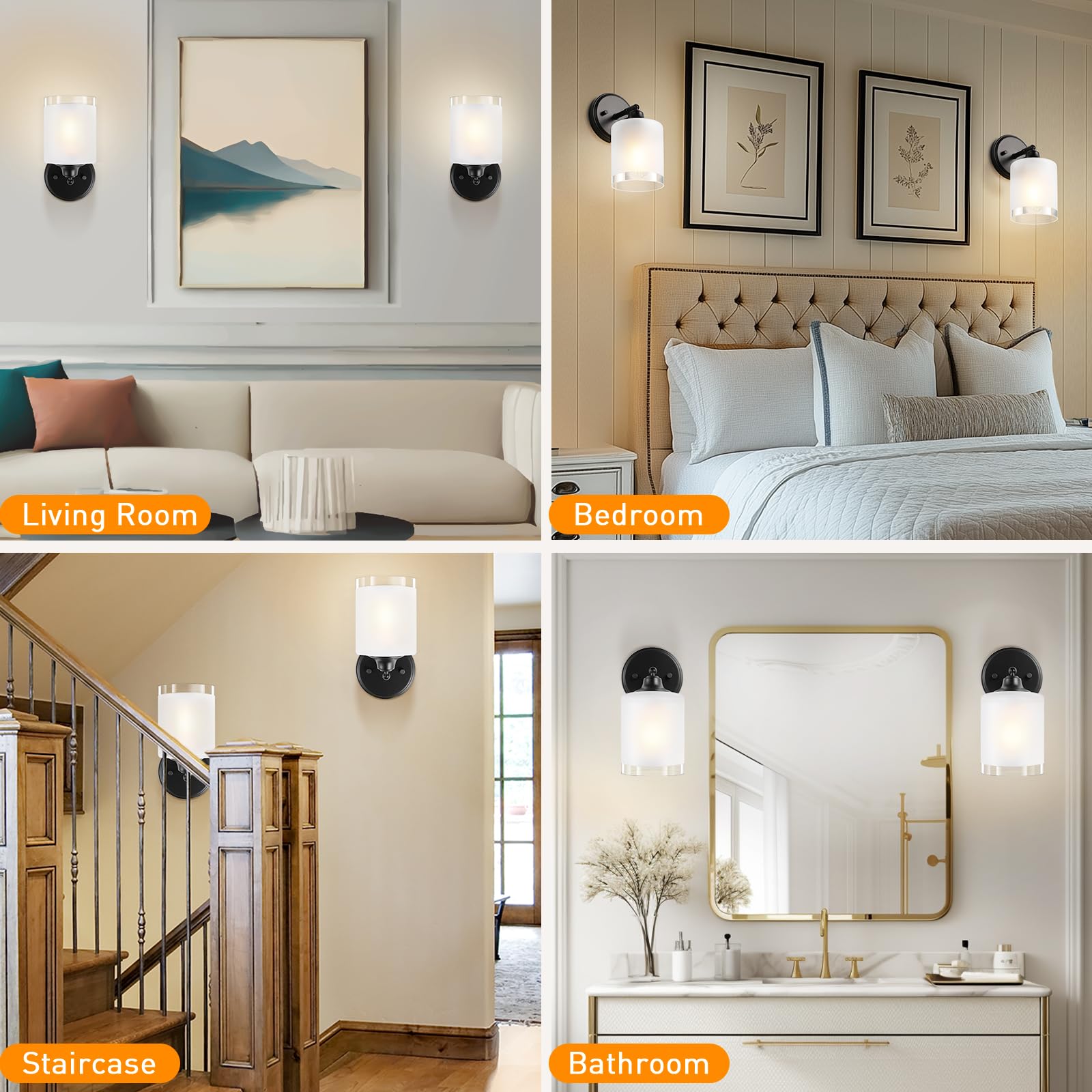 XIFEINIU Wall Sconces Set of Two, Rotatable, Metal, Frosted Glass, Black, 2Pack, Model LV24H58-B1