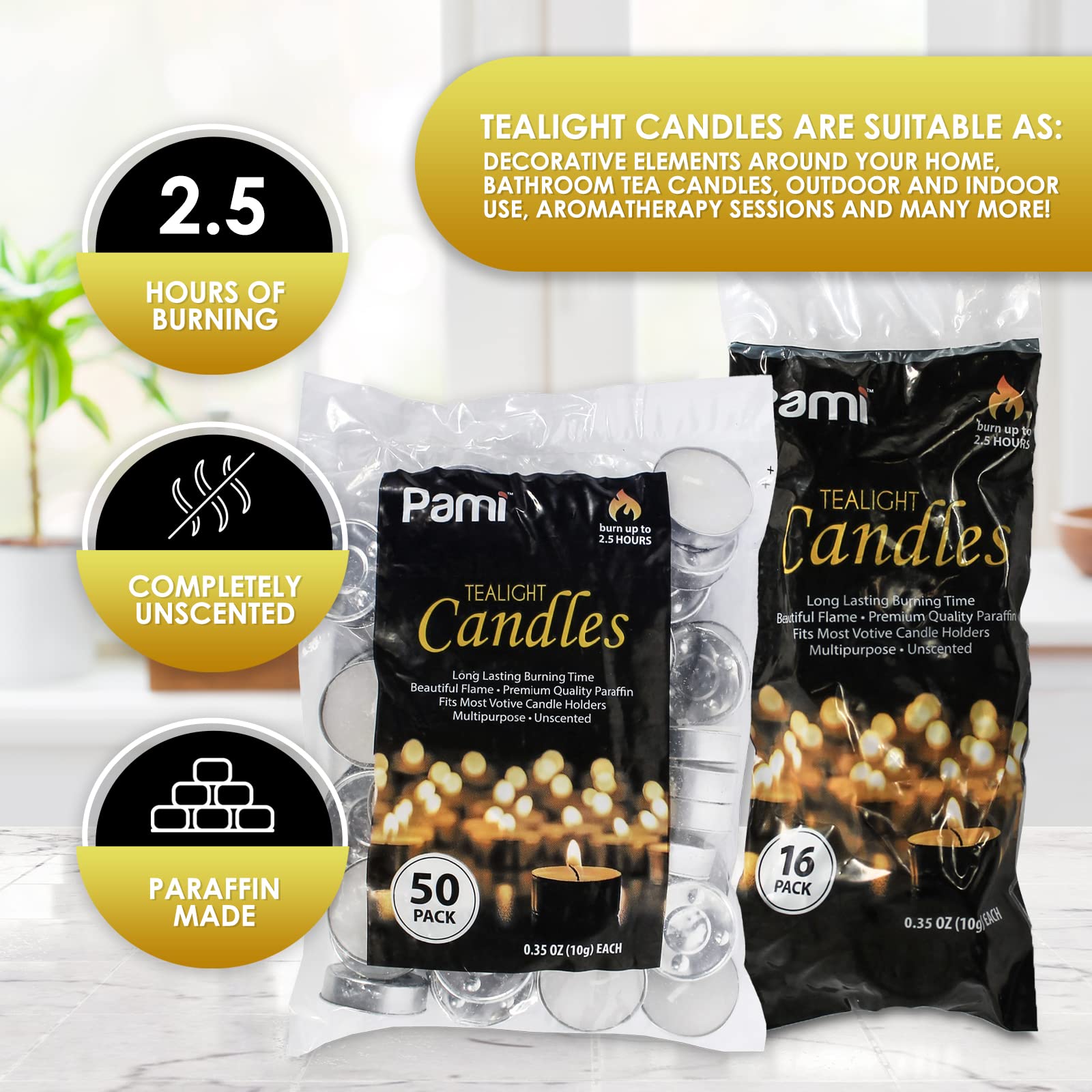 PAMI enhanced Tealight Candles - 50 Pack Unscented Paraffin Wax, 2.5 Hours Burn Time, White