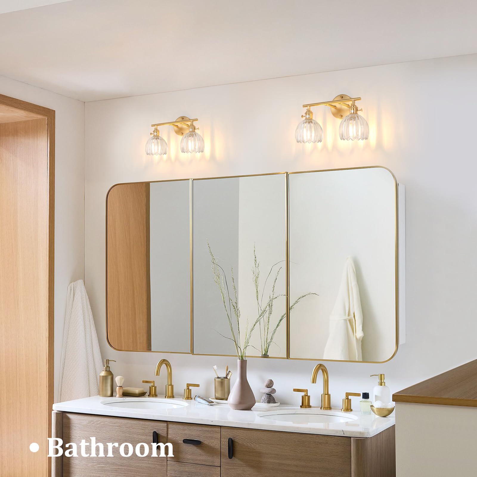 Shenmoyl 2-Light Bathroom Vanity Wall Light, Brass with Clear Tulip Glass Shade, Hardwired, Model 1-9325