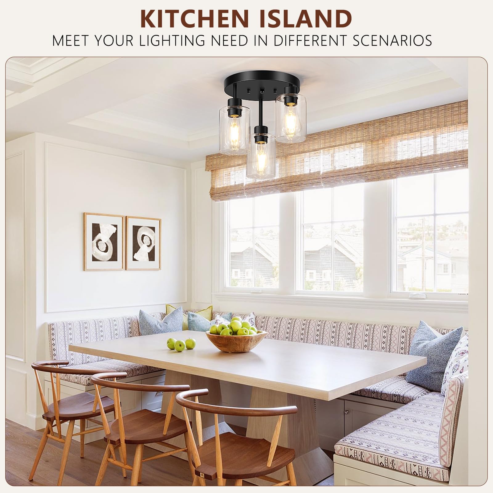 Feanron Black 3-Light Farmhouse Flush Mount Ceiling Light With Clear Glass Shades For Kitchen & Foyer