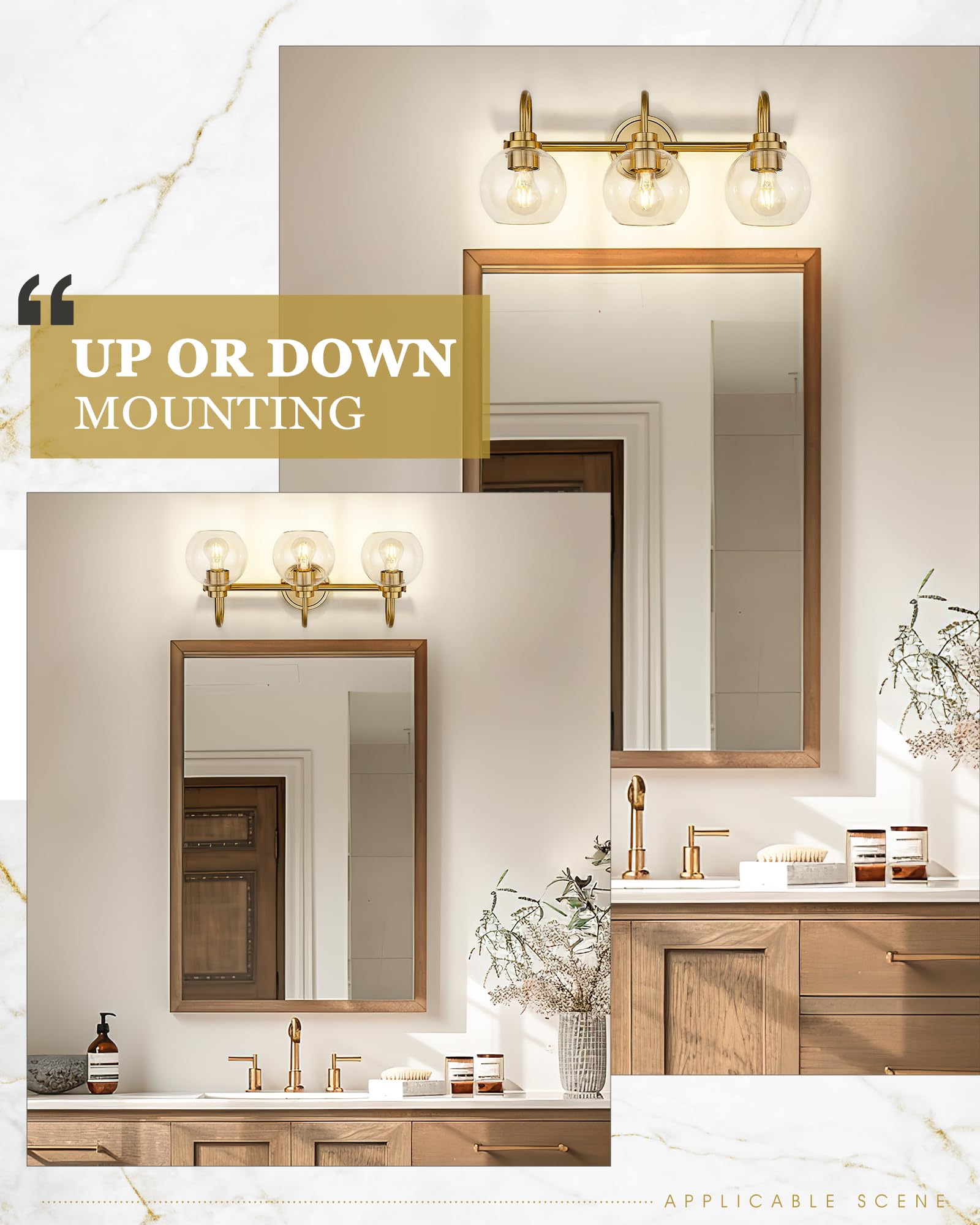 Audickic 3-Light Bathroom Light Fixtures, Brushed Gold Vanity Lighting with Clear Glass, Model AD-22280-3W-GD