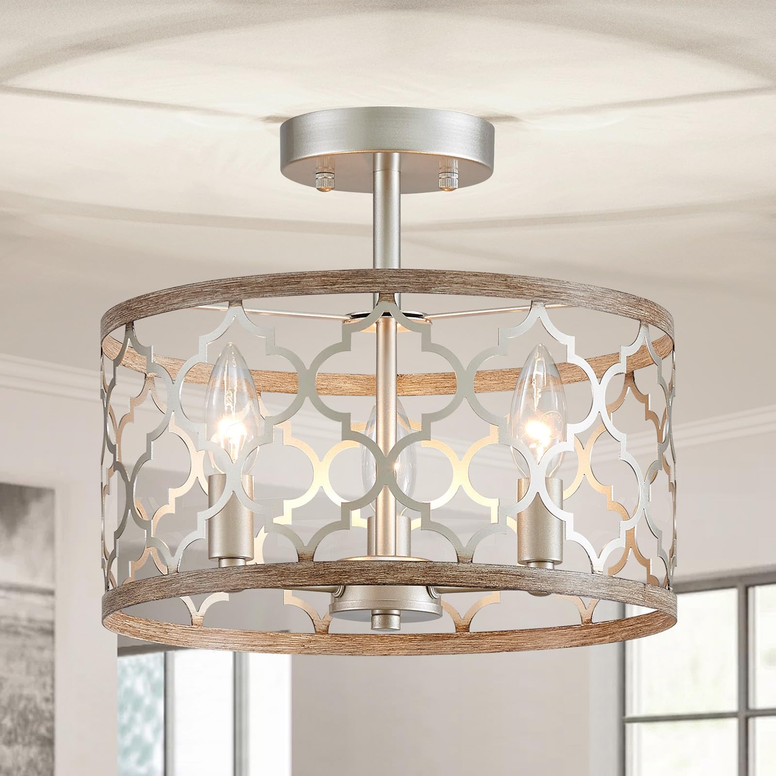 WUZUPS Chandelier 3-Light Vintage Farmhouse Ceiling Light Fixture, H 9.8in x W 12.4in, Nickel & Wood compatible with, Model USHD900040BN