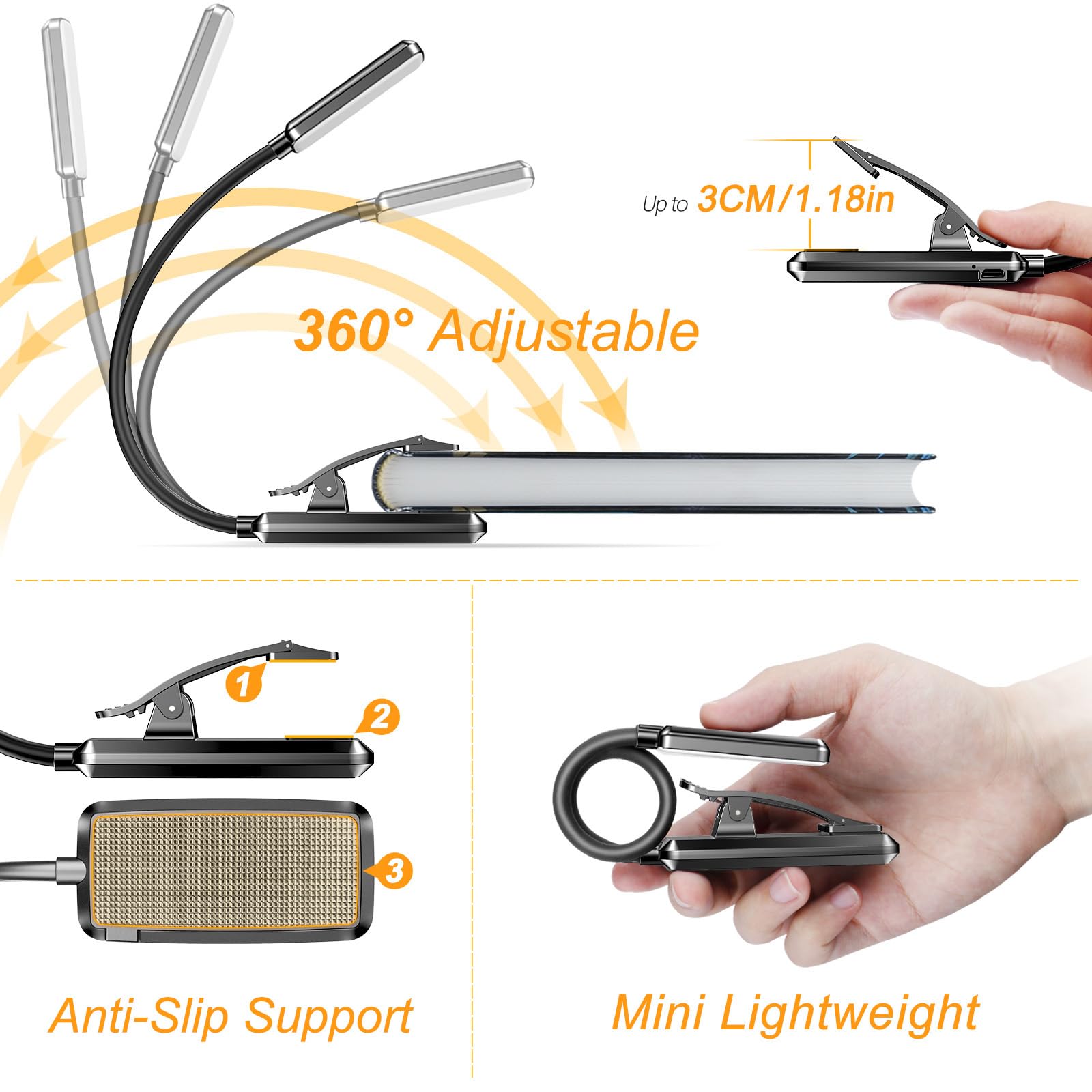 Gritin 9 Led Rechargeable Book Light - Eye Care, 3 Color Temps, 80 Hrs Runtime, Clip-On