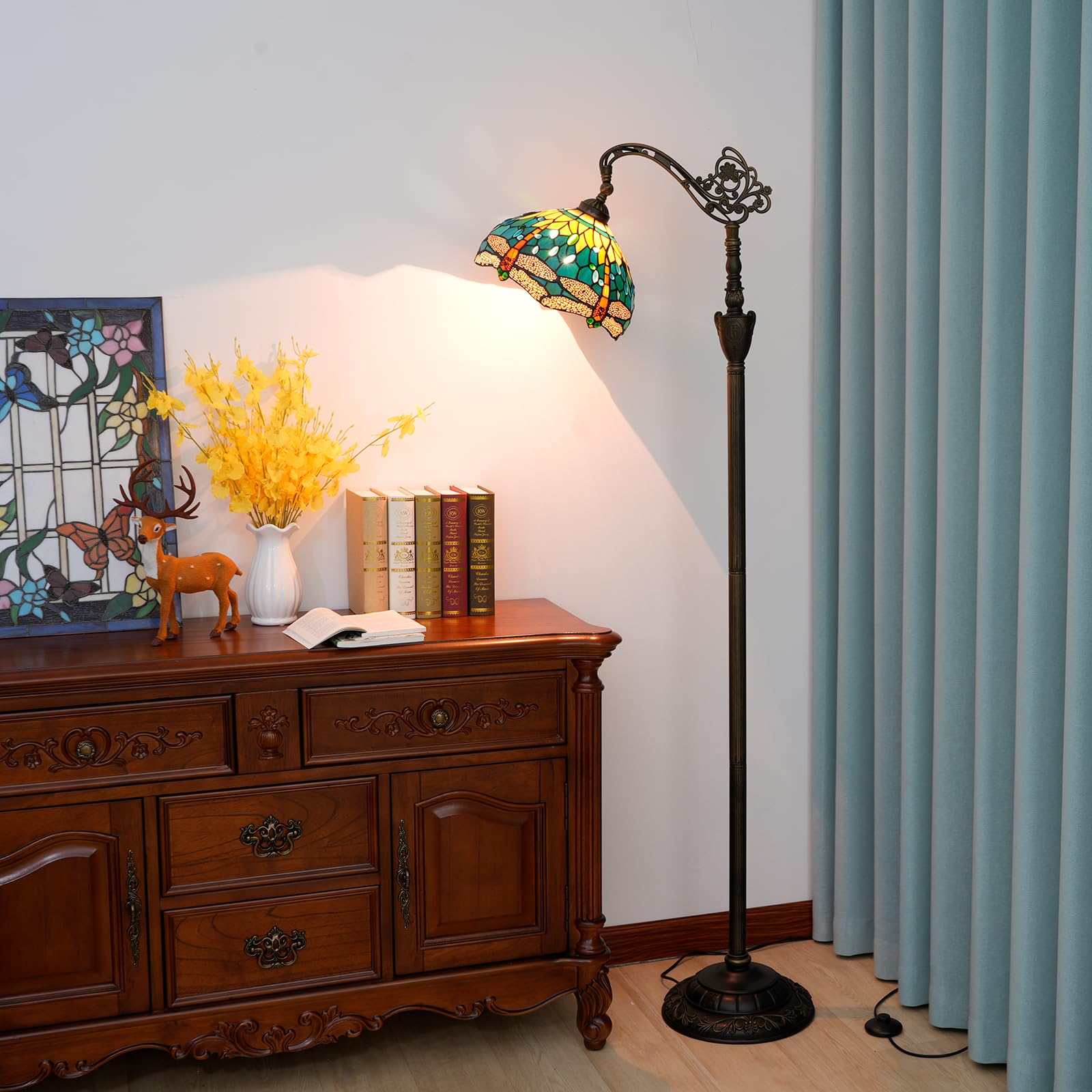 Blivuself Tiffany Floor Lamp - Green Dragonfly Stained Glass, Adjustable Gooseneck, 63" Tall for Living Room, Bedroom, Office