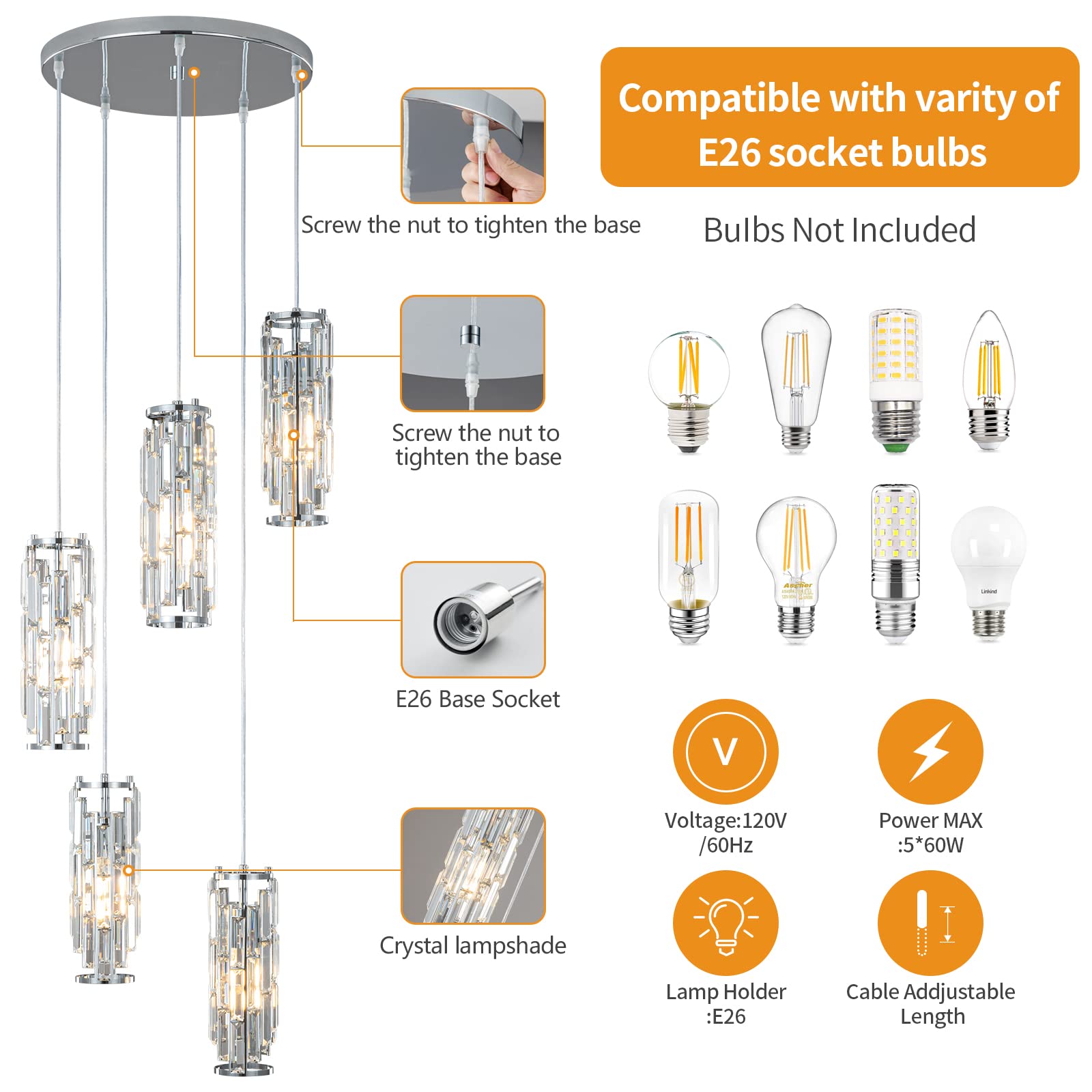 Lmqnine 5-Light Chrome Pendant Light Fixture, Adjustable Mini Crystal Chandelier For Kitchen & Dining