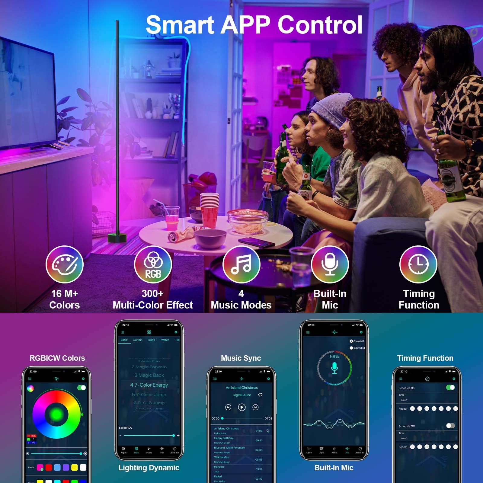 Miortior Smart RGB LED Corner Floor Lamp, 16 Million Colors, App & Remote Control, Model LZ-1201000A, Ideal for Living Rooms & Gaming Rooms