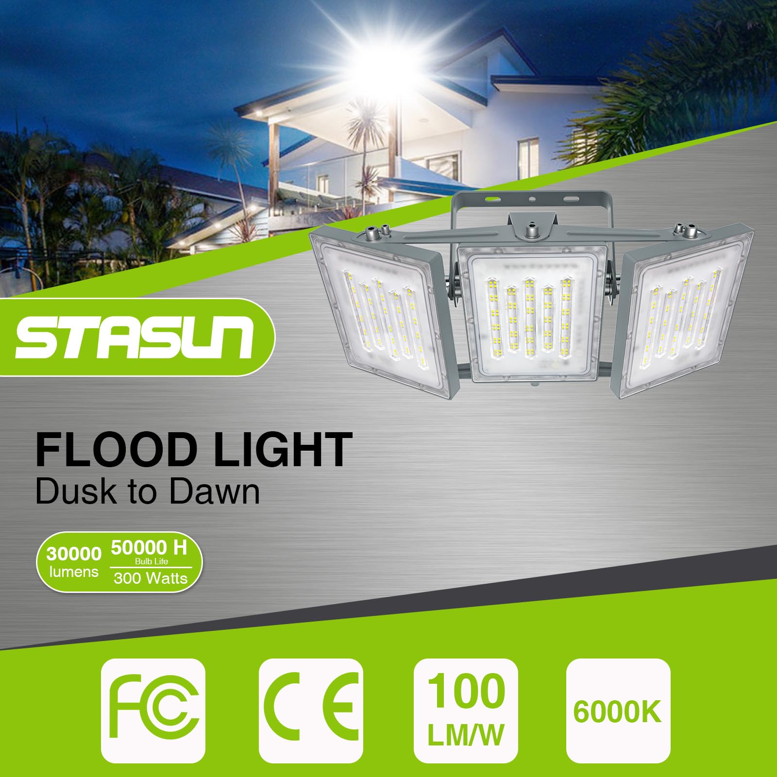 STASUN 300W LED Flood Light, 30000LM, 6000K, IP66 Waterproof, Gray, Model 20168, with Photocell Sensor for Outdoor Use