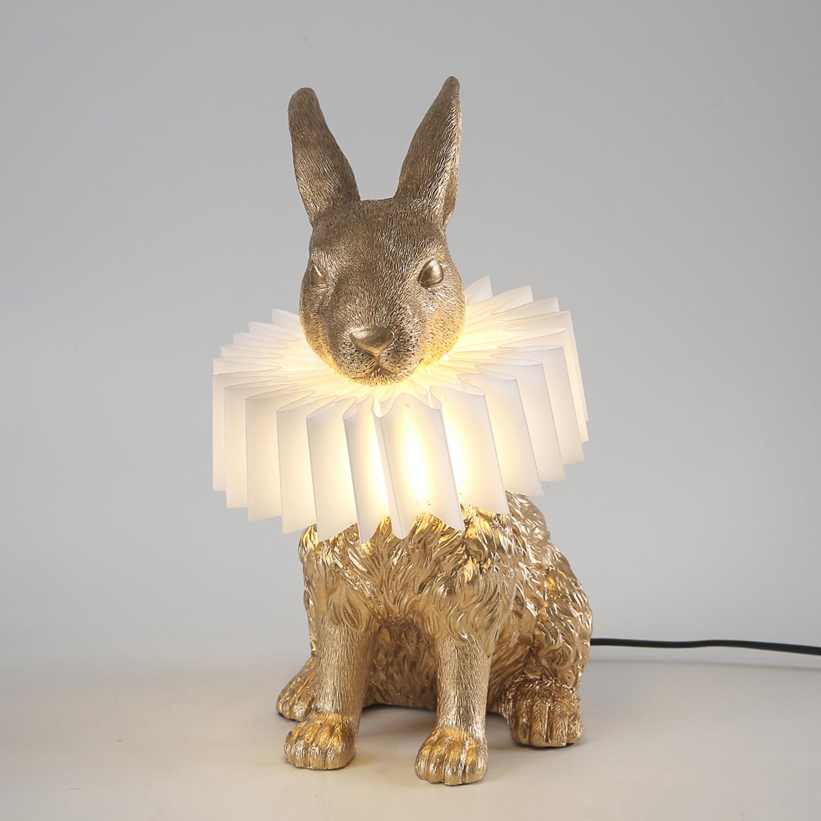 LAZHUG Scarf Rabbit Table Lamp, Resin Gold Bunny Lamp with White Pleated Shade, USB Plug, Energy-Efficient, Gold Sitting
