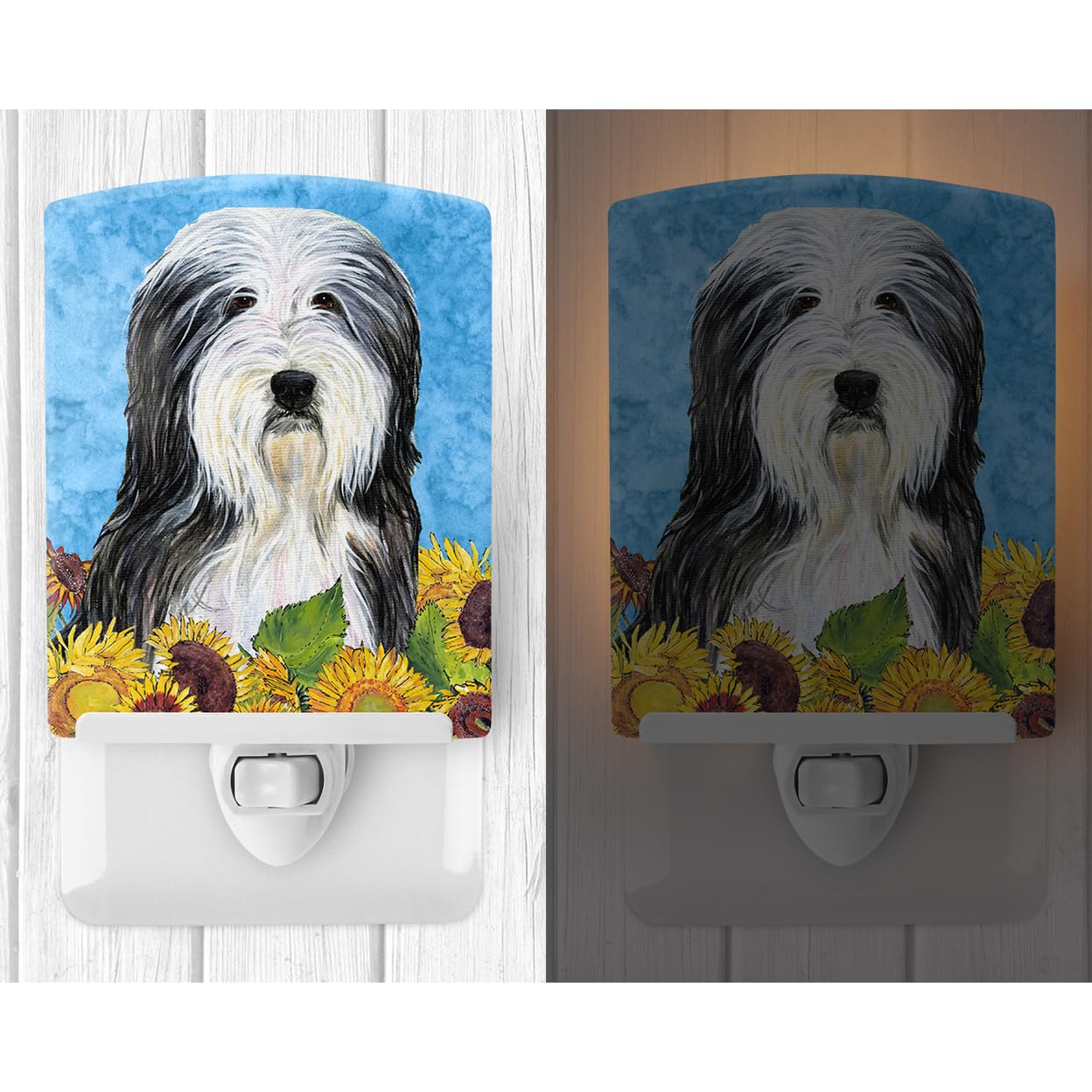 Caroline'S Treasures Ss4130Cnl Bearded Collie In Summer Flowers Ceramic Night Light Compact, Ul-Certified, Ideal For Bedroom, Bathroom, Nursery, Hallway, Kitchen, 6X4X3, Multicolor