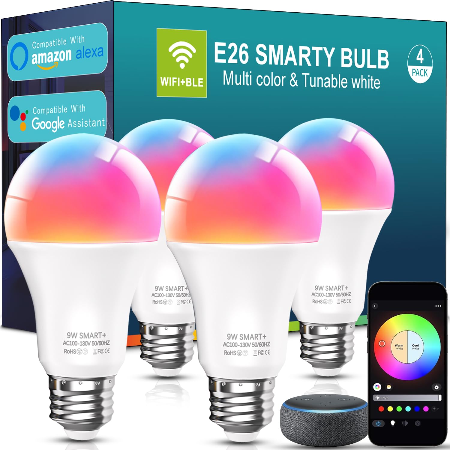 luckystyle Smart Light Bulbs, WiFi Bluetooth 9W A19 E26, 800LM, RGBWW Color Changing, Dimmable, Compatible with Alexa & Google Assistant, 4