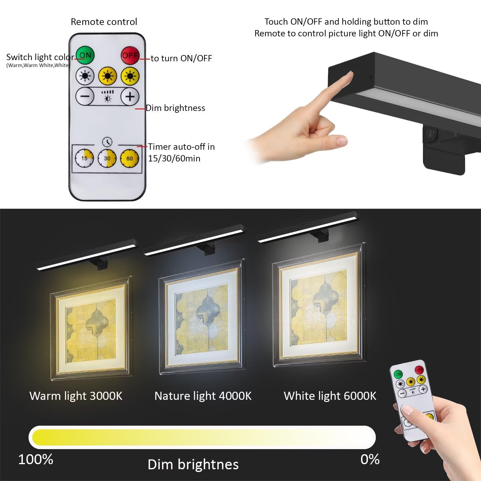 Mioblue Cordless Picture Lights With Remote, 16In Metal Battery Operated Picture Light,Rechargeable Display Lamp With 3 Lighting