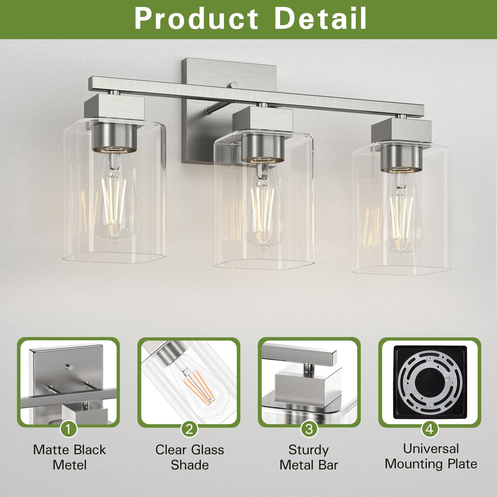 Espird Brush Nickel Bathroom Vanity Light - 3 Light Bathroom Light Fixture Square Design & UL Certification & Square Bath Room L