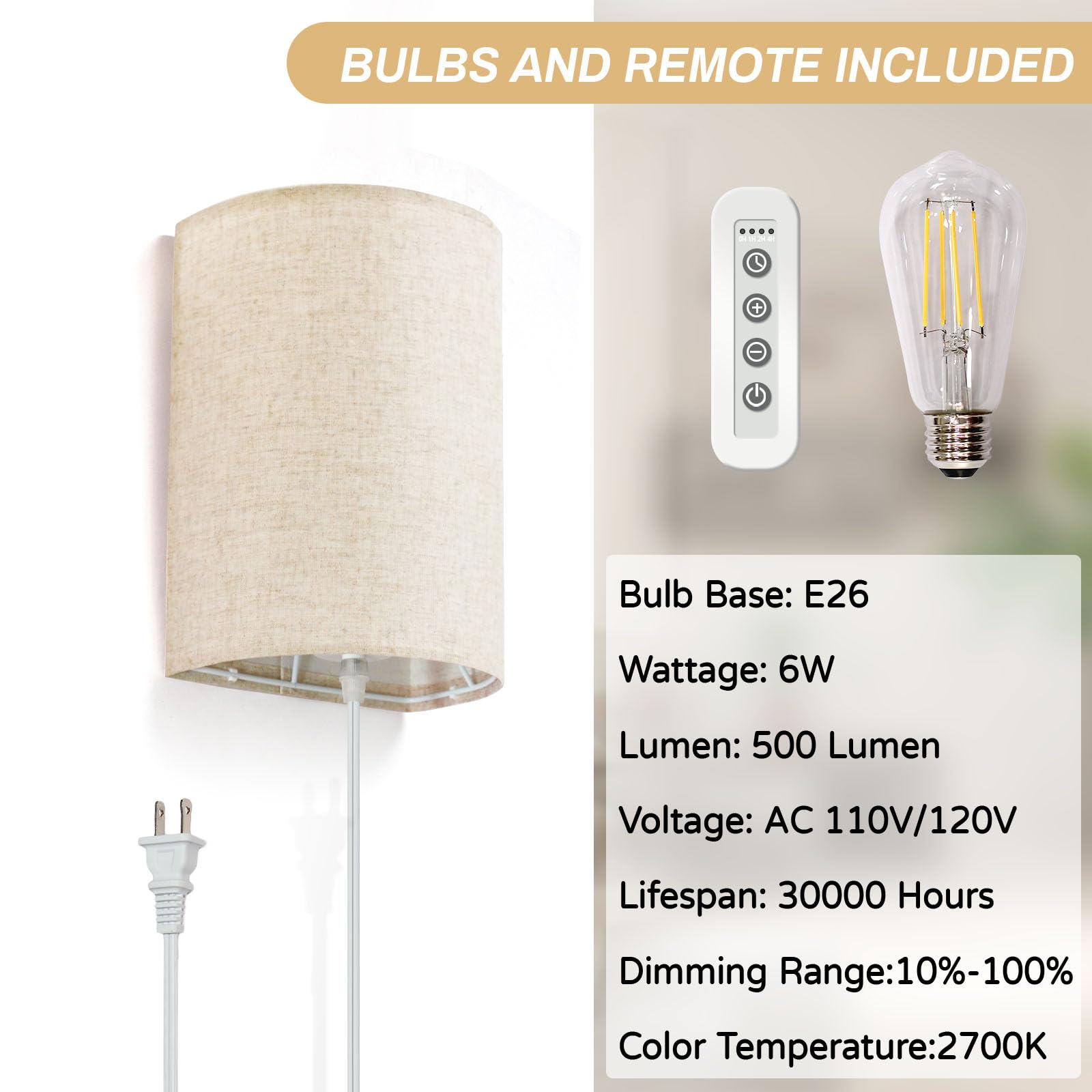 FINCMY Wall Sconce Light Set of 2, Dimmable Plug in Sconces with Remote, Beige Linen Lamp Shades, Model LED-AB