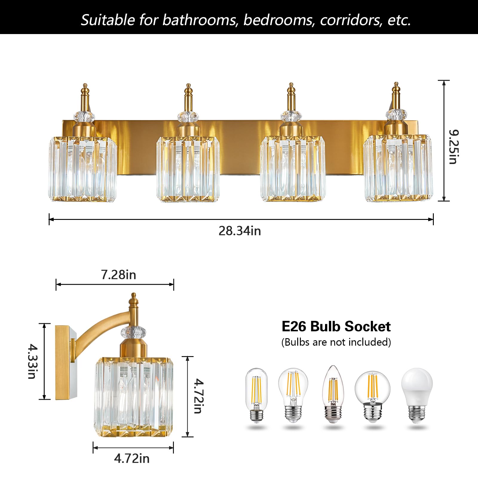 BBLLWJ Crystal Vanity Lights 4-Light Metal Bathroom Fixture Over Mirror Gold Model 655