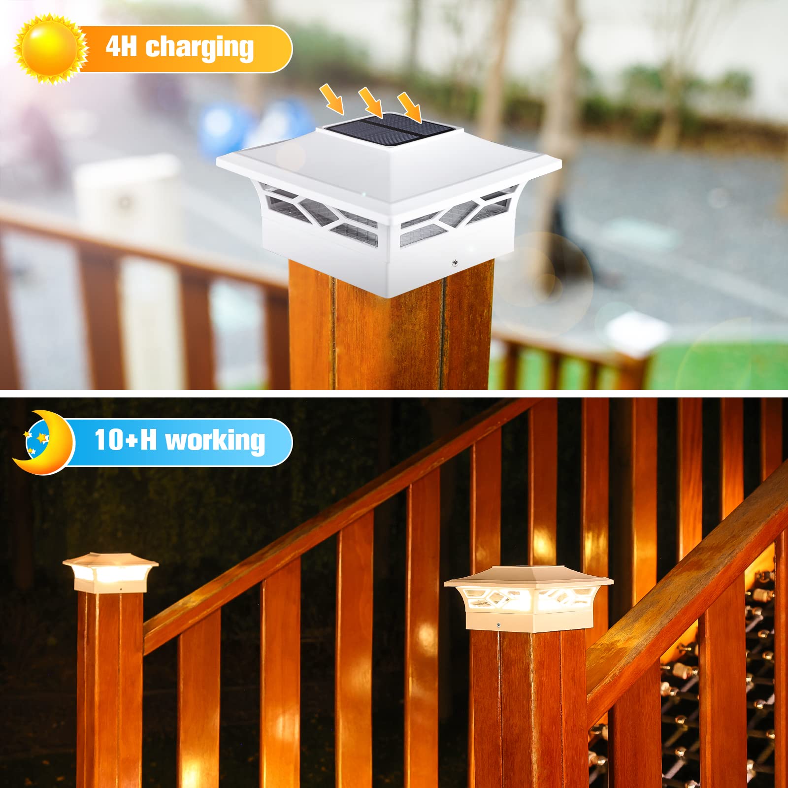 VOLISUN Solar Post Cap Lights, 6 Pack, Waterproof, 2 Color Modes, for 4x4/6x6 Posts, White/Black, Model 21150ZM