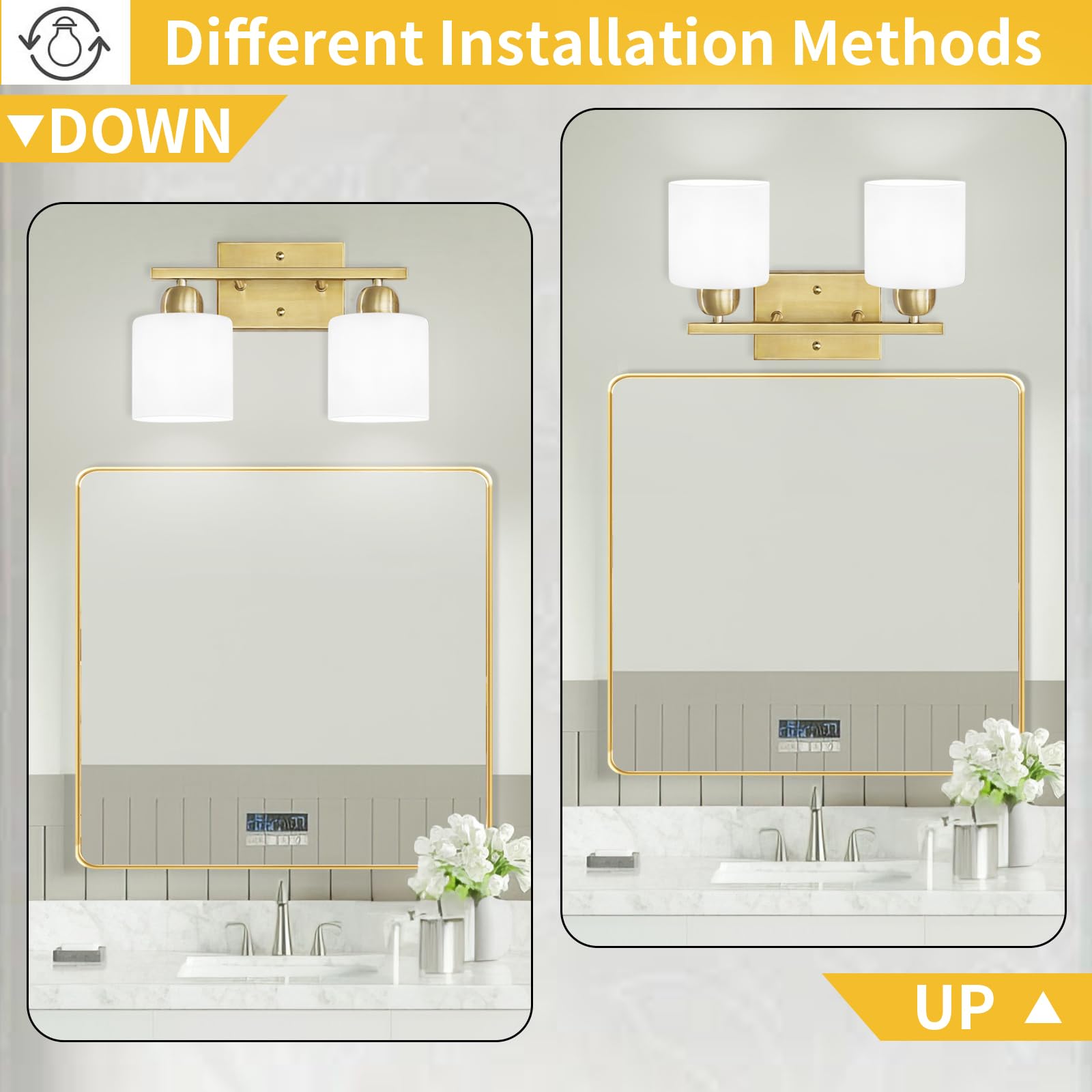 FAISHILAN 2-Light Brushed Gold Vanity Lights for Bathroom, Gold Vanity Lights for Bathroom with Milky White Frosted Glass Shades