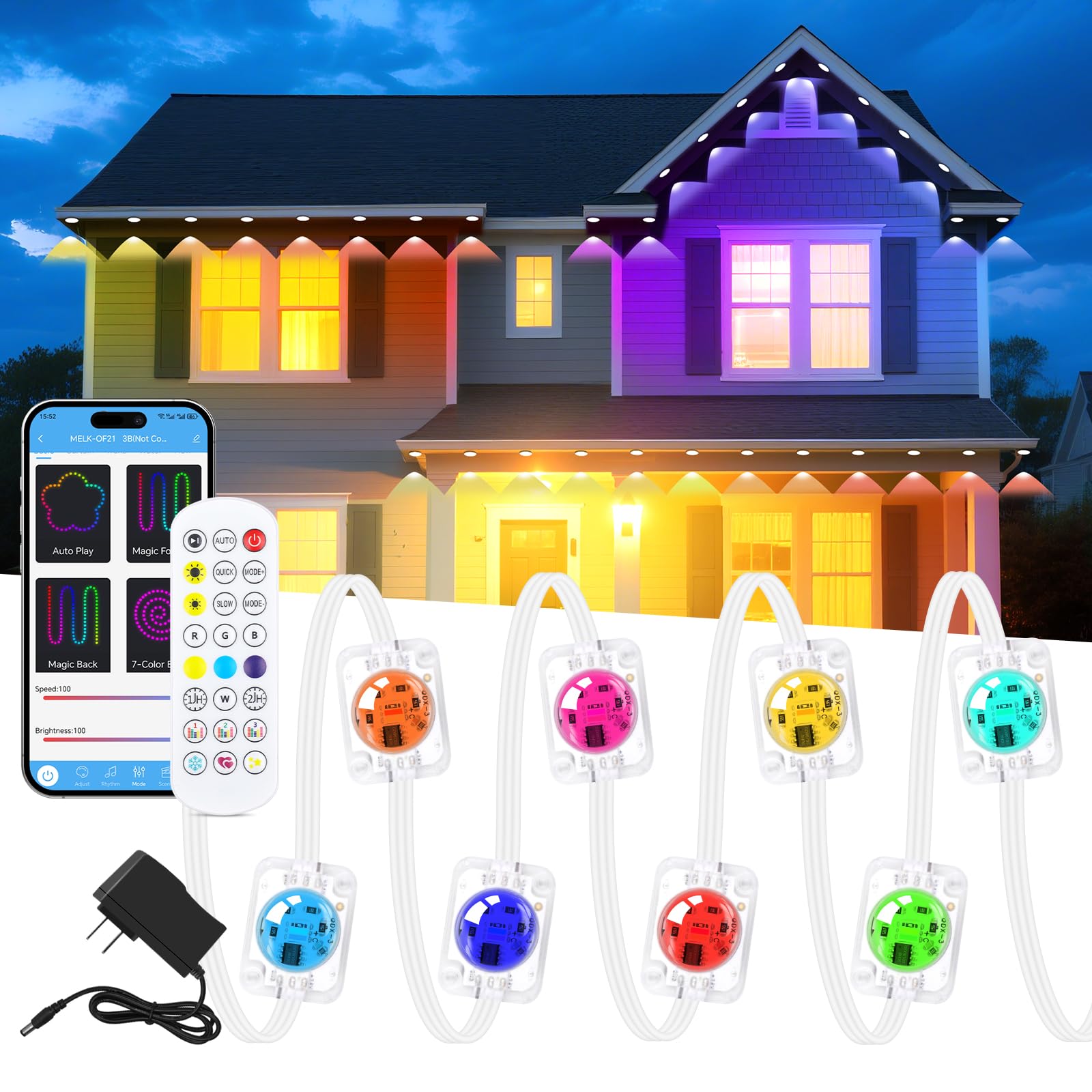 KISUFU 200FT Outdoor Lights, 24V RGB+IC, App & Remote Control, IP68 Waterproof, Model LED725-US, White