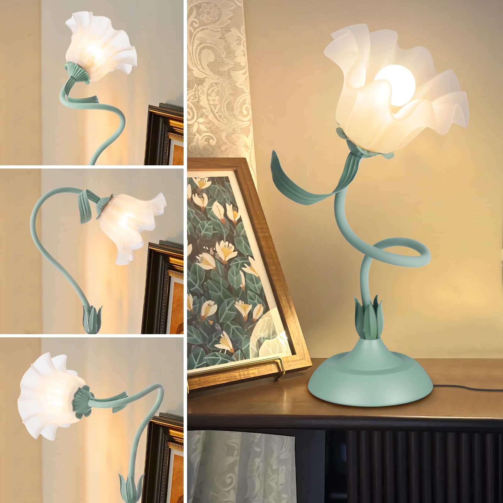 Women Bedside Table Lamps For Bedroom, Cute Flower Desk Lamp With Adjustable Flexible Gooseneck, 3 Color Temperatures Nightstand