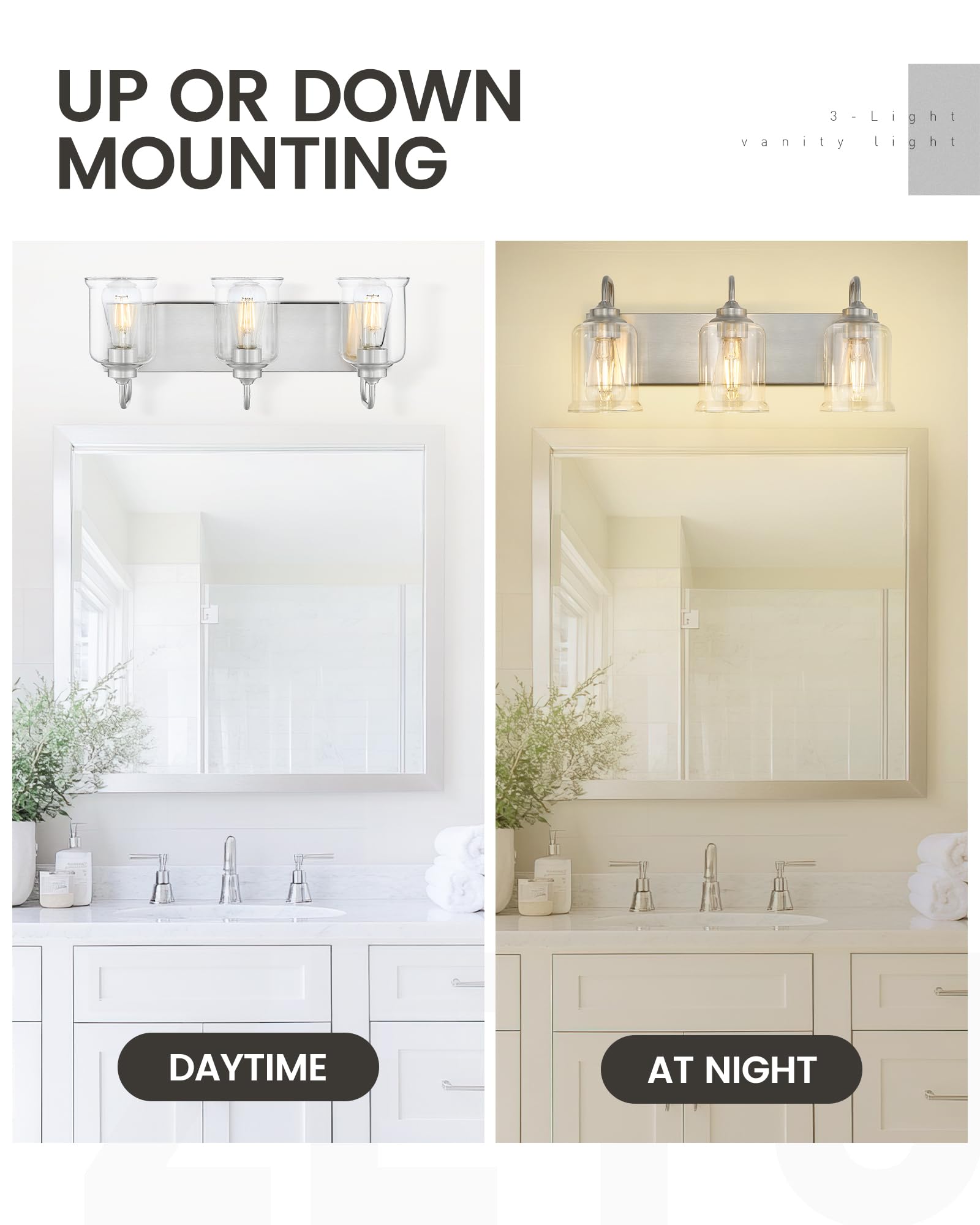 Zeyu 20.5 Inch Modern Bathroom Vanity Lamp, 3-Light Wall Mirror Light For Bathroom, Brushed Nickel Finish With Clear Glass Shade