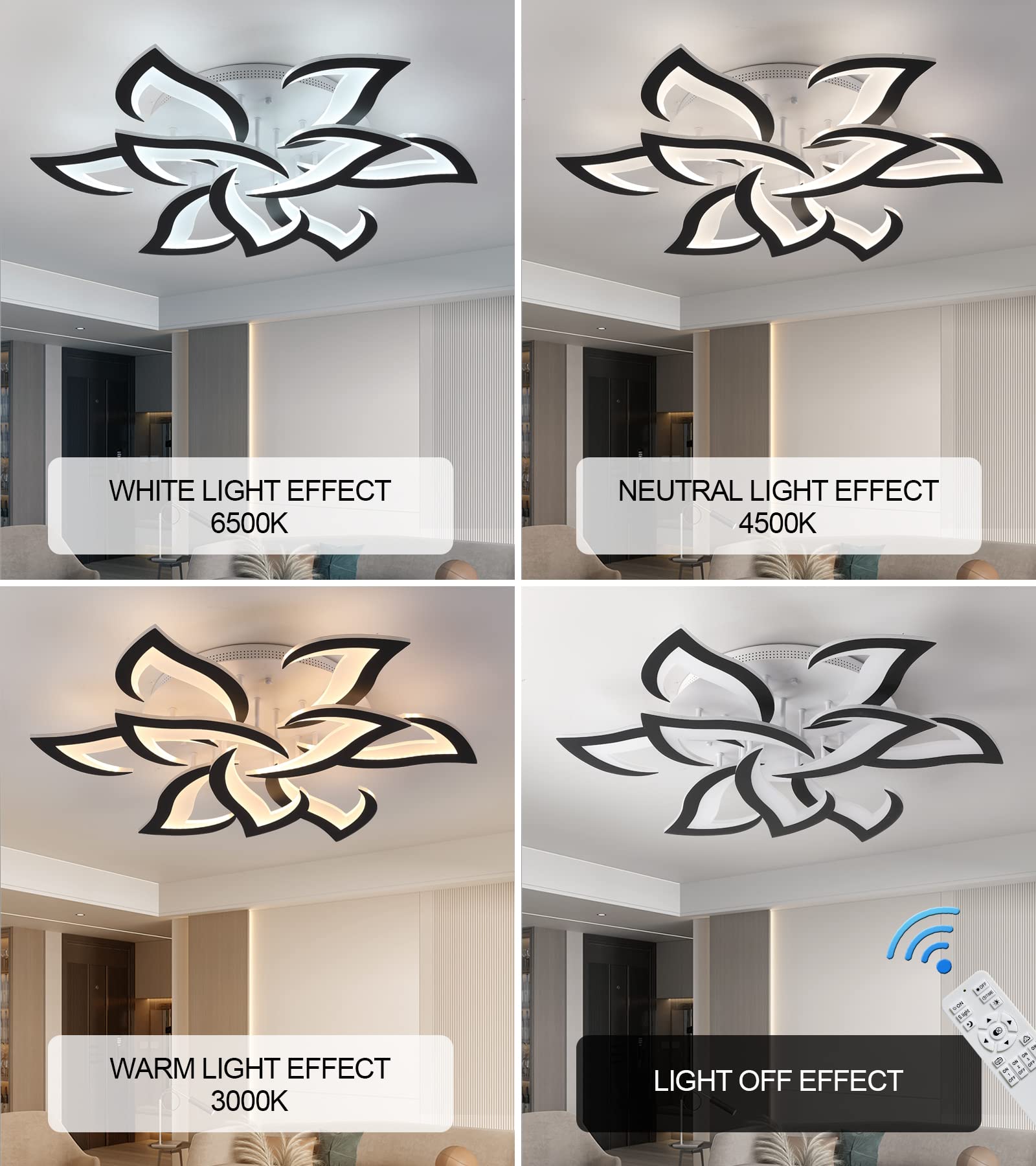 Meixisue Ceiling Light Fixture Modern Black Led Flower Light Fixtures Ceiling Mount With Remote Control For Living Room, Bedroom