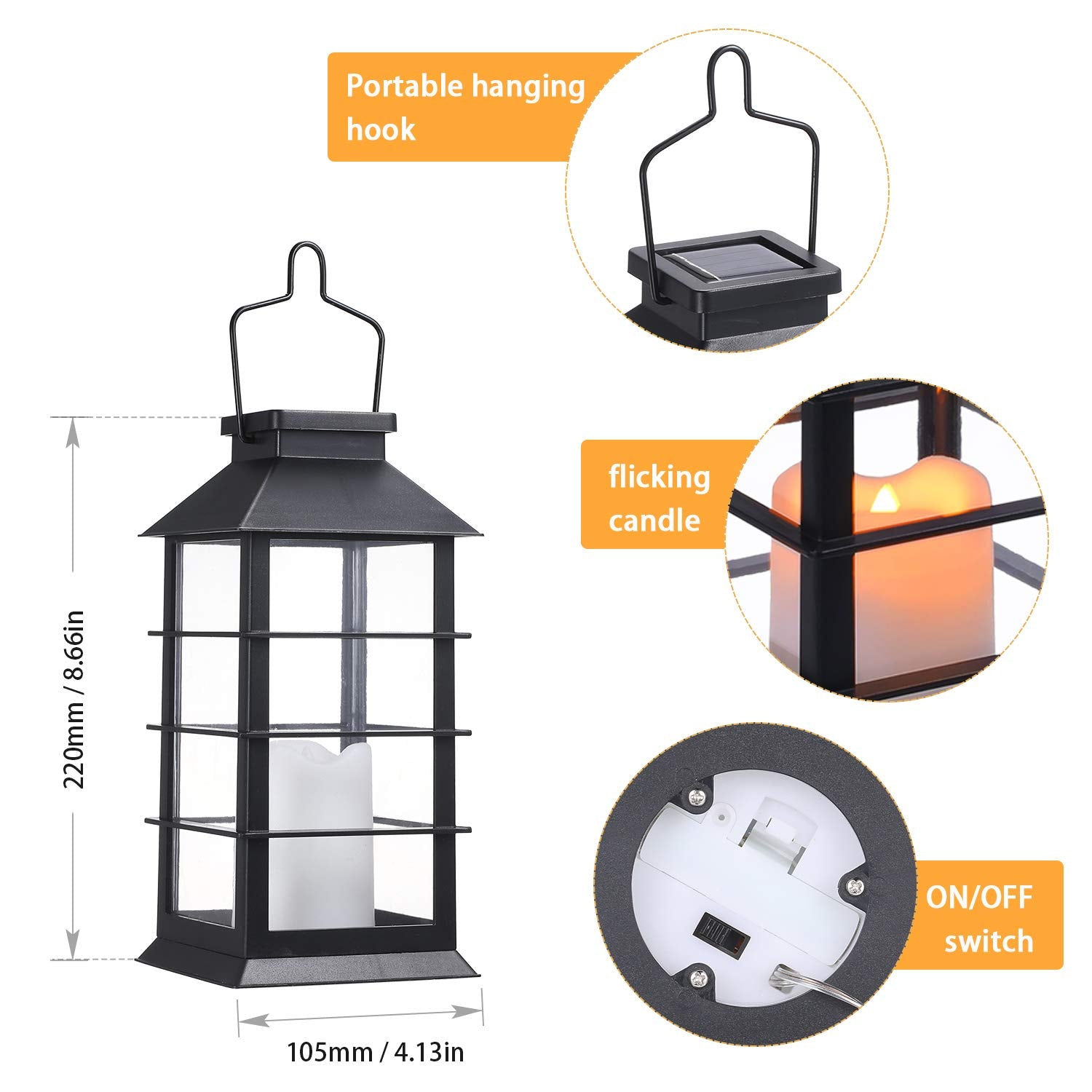 Tomshine LED Solar Lanterns - Waterproof Flickering Flame Candle Lights for Outdoor, Black, 2 Pack, Model LT102