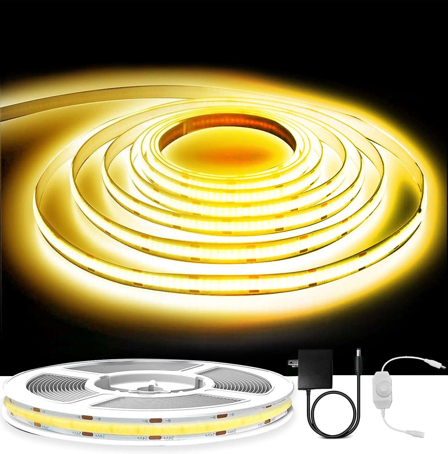 GUPUP 16.4ft COB Turnable Rope Light, Warm White LED Strip Light, 3000K 24V 1600 LEDs Density Lighting Strip with Dimmable Switch, 3M Adhesive, CRI=90 for Cabinet, Kitchen, Mirror, Home Decoration
