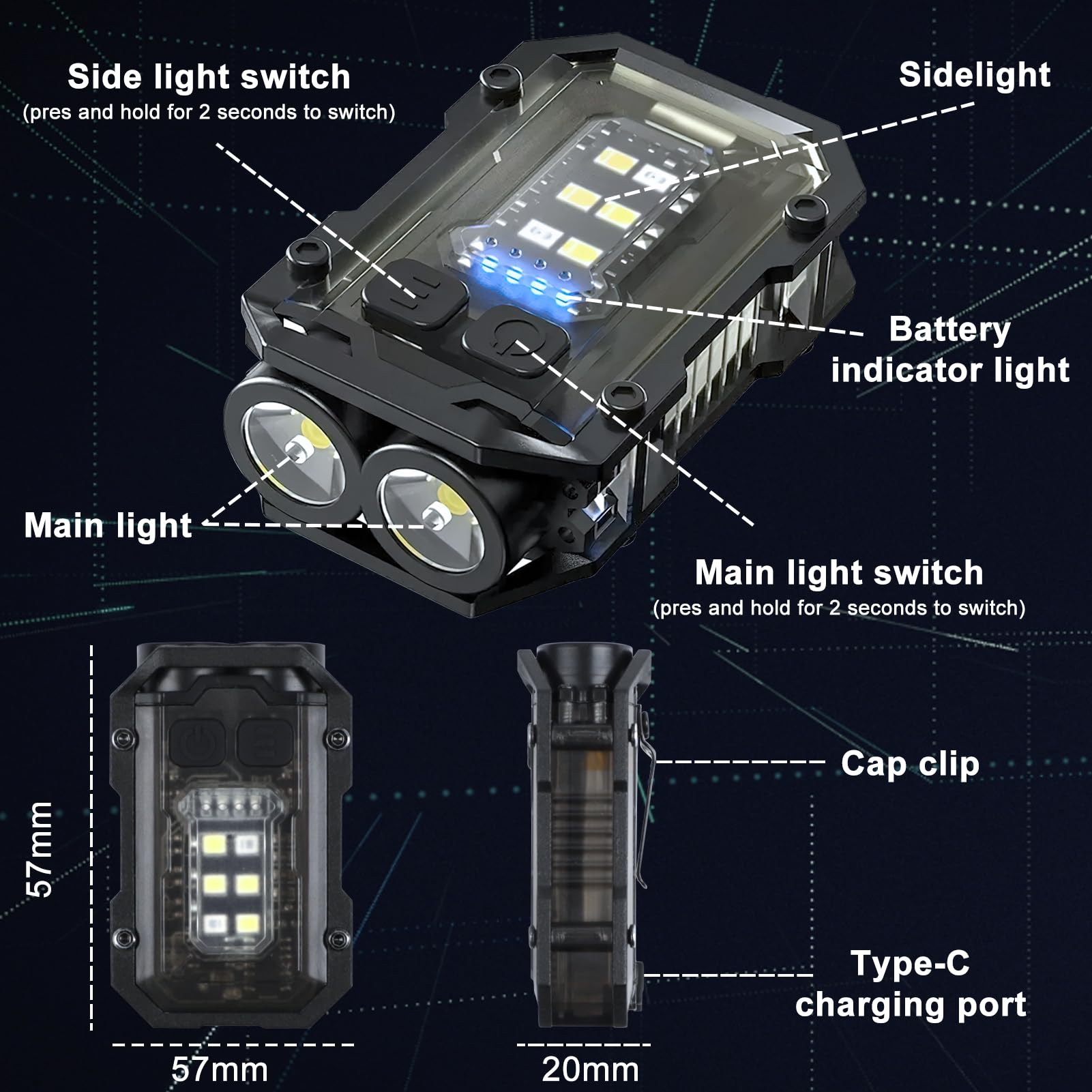 Sefone 8 Modes Clip On Flashlight Mini Edc Keychain Flashlight, Running Light Led & Cob Small Pocket Flash Lights, Super Bright